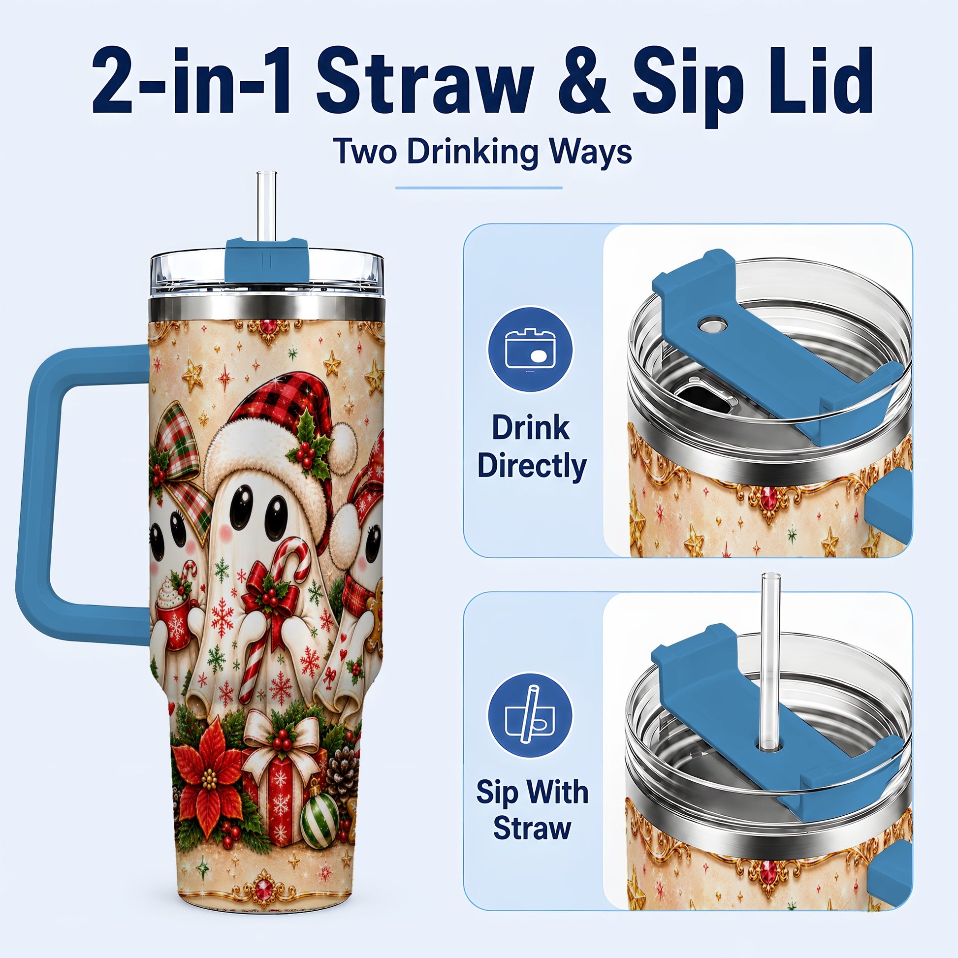 #pl[40oz|Blue] Ghost Trio 40oz Tumbler with Handle, Christmas Stainless Steel Travel Cup