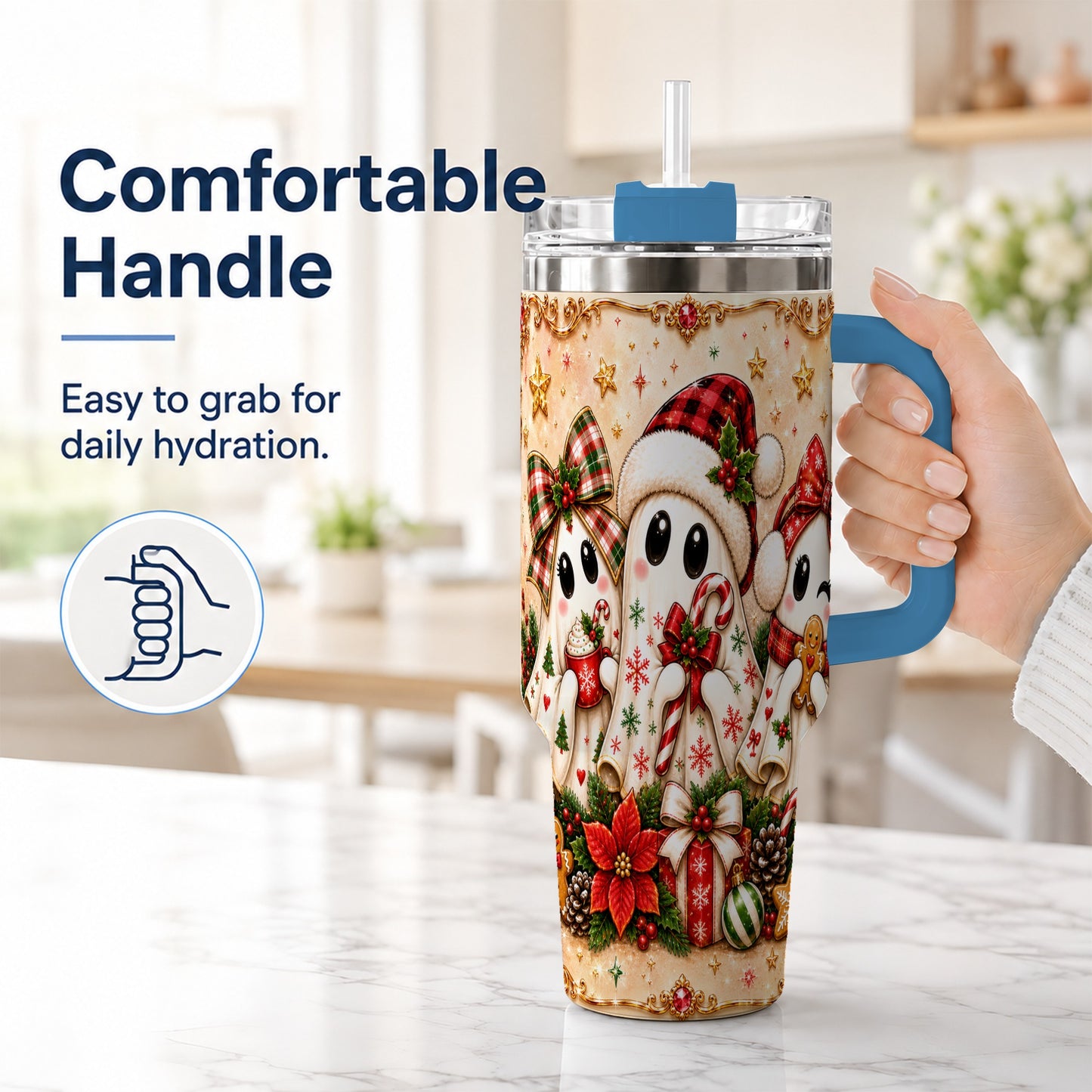 #pl[40oz|Blue] Ghost Trio 40oz Tumbler with Handle, Christmas Stainless Steel Travel Cup