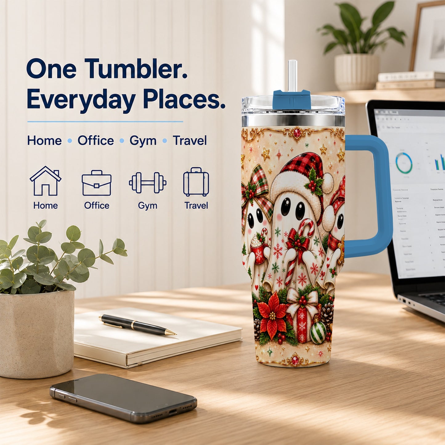 #pl[40oz|Blue] Ghost Trio 40oz Tumbler with Handle, Christmas Stainless Steel Travel Cup