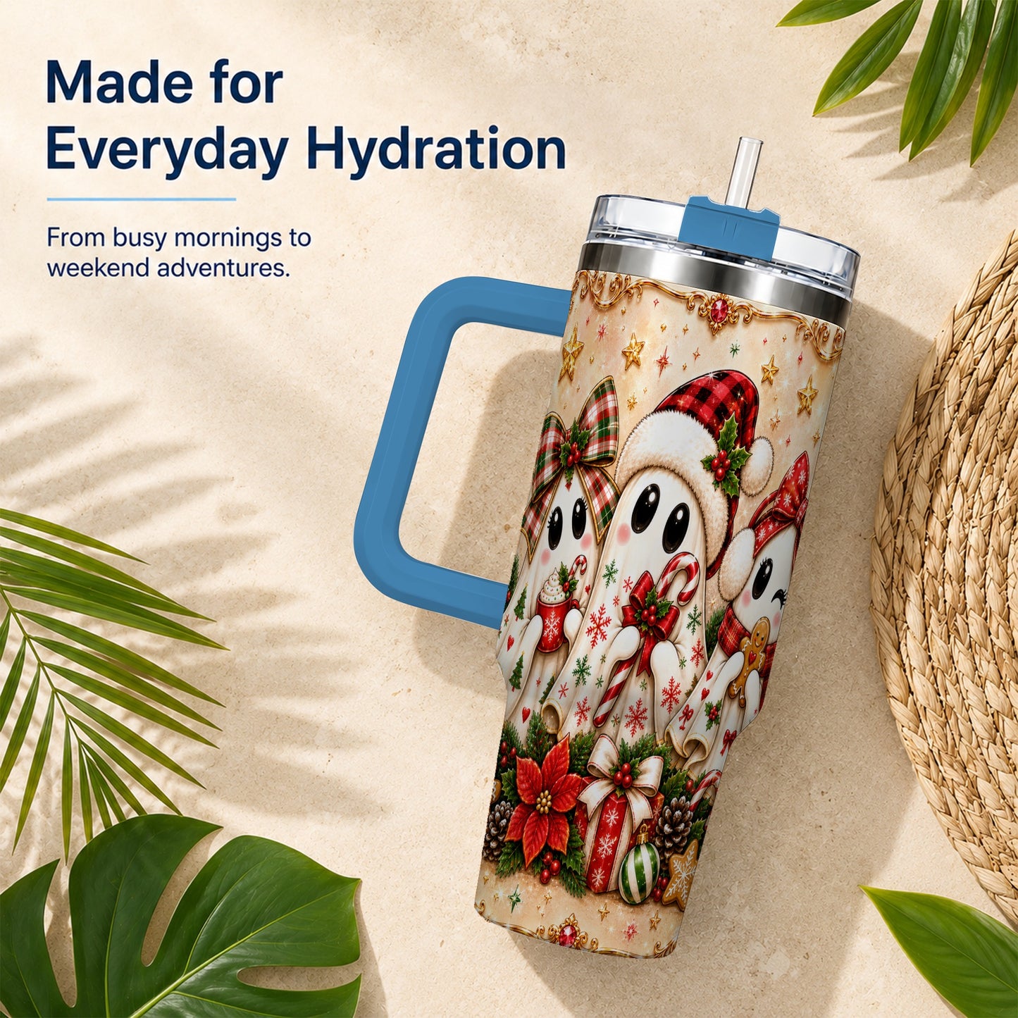 #pl[40oz|Blue] Ghost Trio 40oz Tumbler with Handle, Christmas Stainless Steel Travel Cup