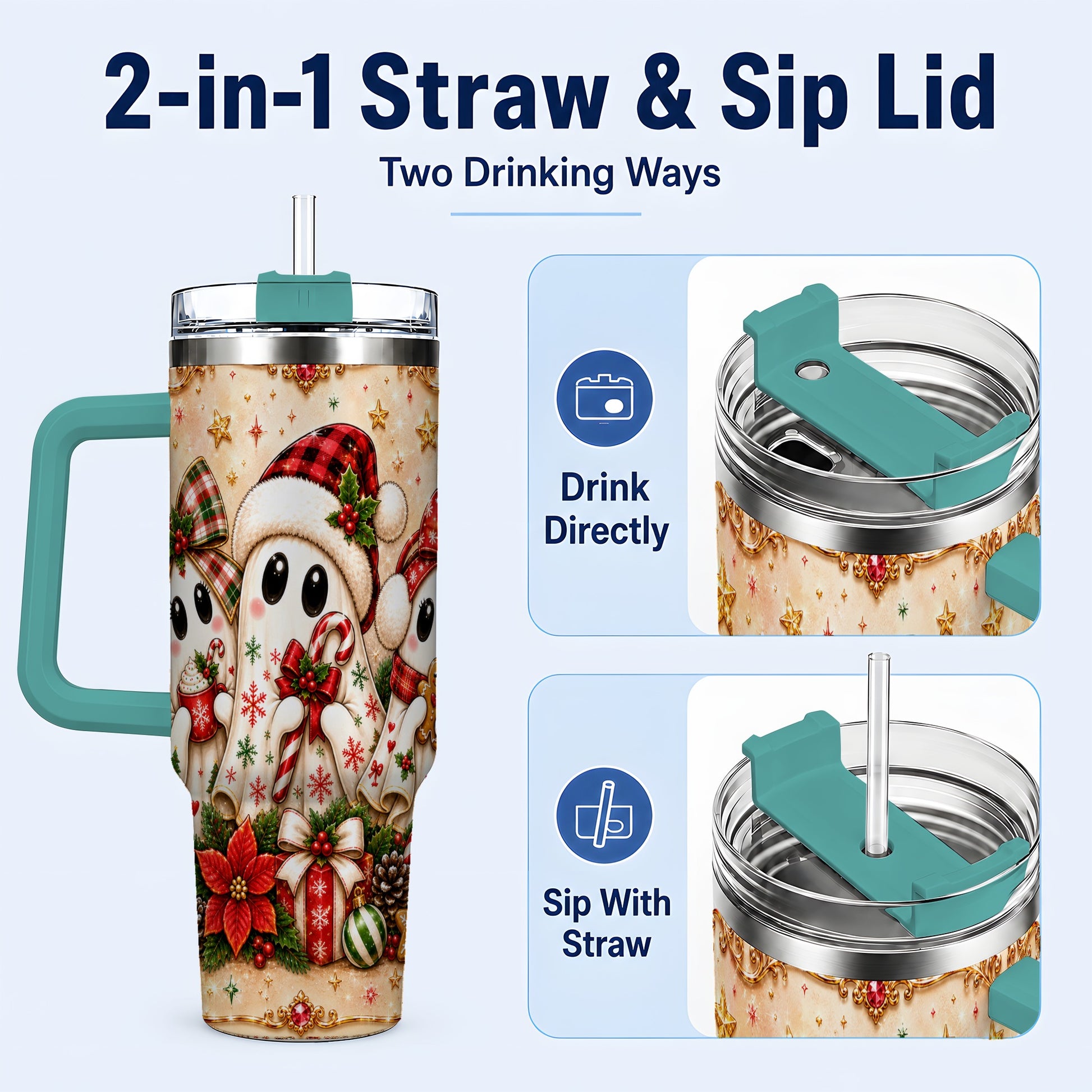 #pl[40oz|Green] Ghost Trio 40oz Tumbler with Handle, Christmas Stainless Steel Travel Cup