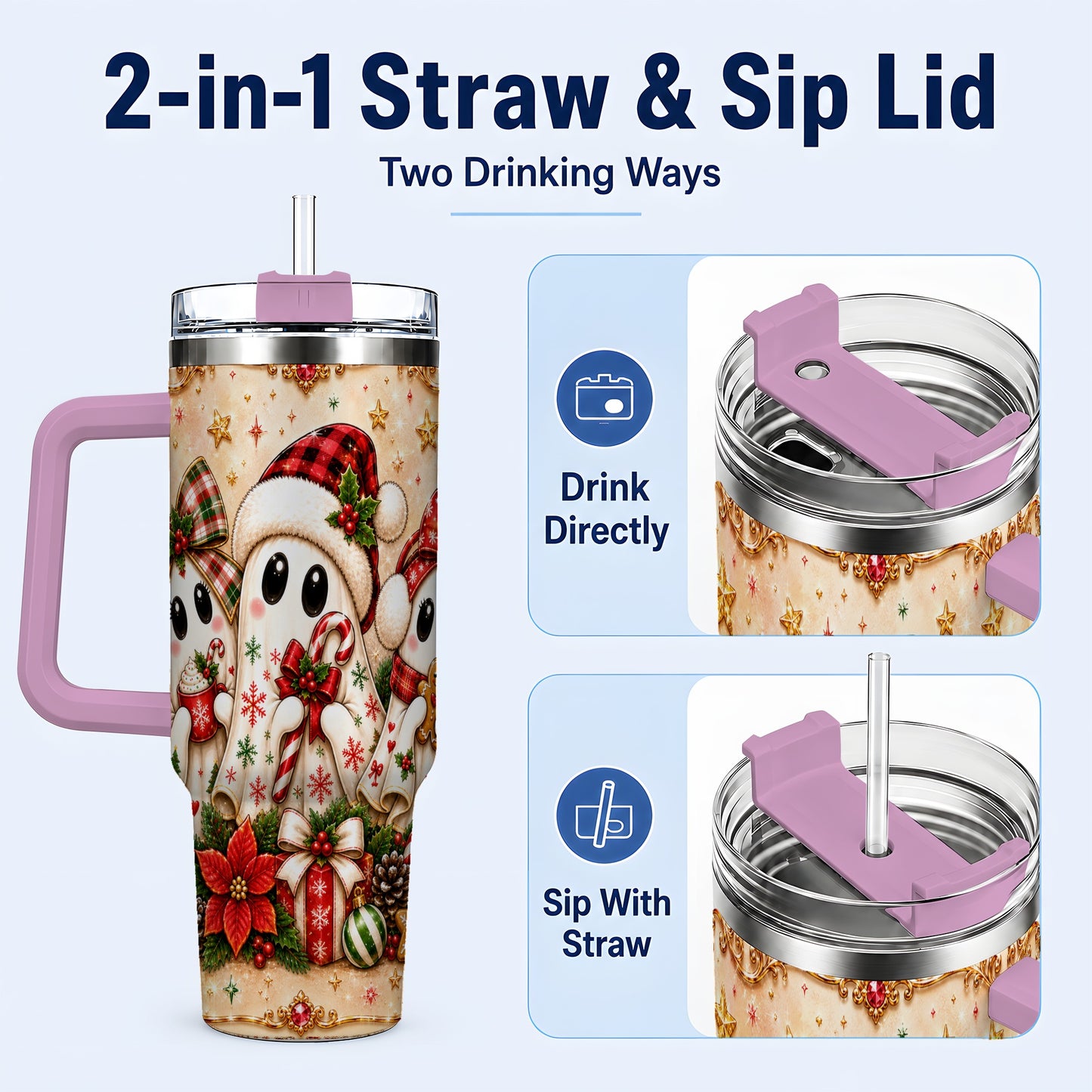 #pl[40oz|Pink] Ghost Trio 40oz Tumbler with Handle, Christmas Stainless Steel Travel Cup