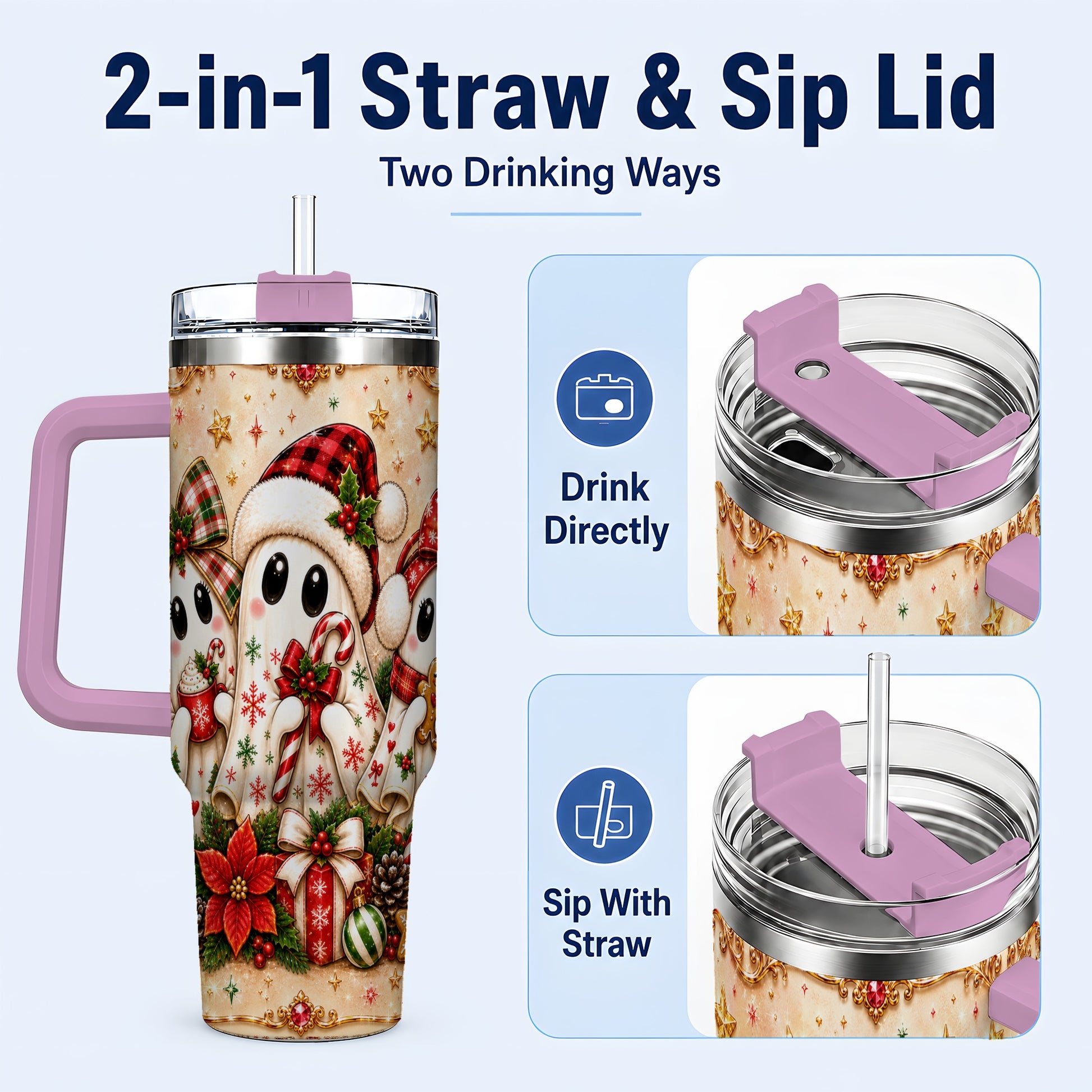 #pl[40oz|Pink] Ghost Trio 40oz Tumbler with Handle, Christmas Stainless Steel Travel Cup