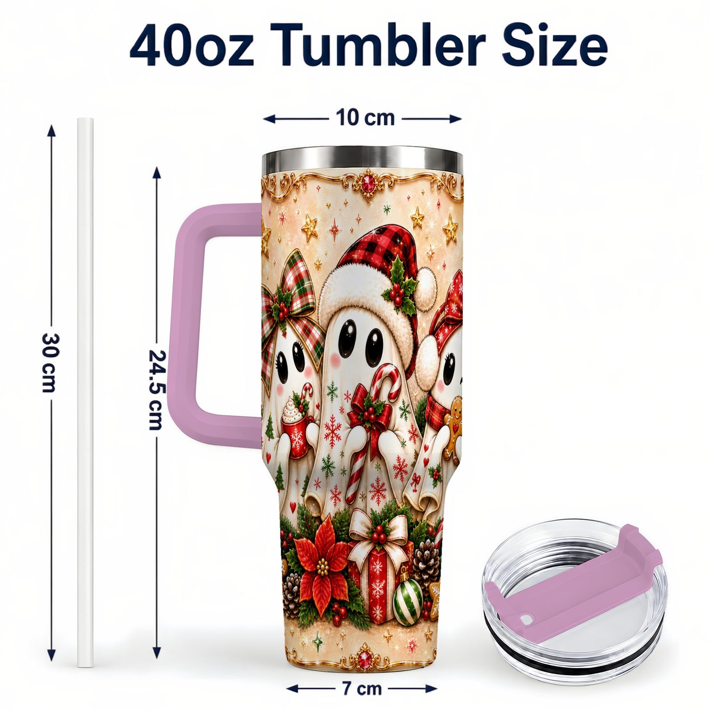 #pl[40oz|Pink] Ghost Trio 40oz Tumbler with Handle, Christmas Stainless Steel Travel Cup