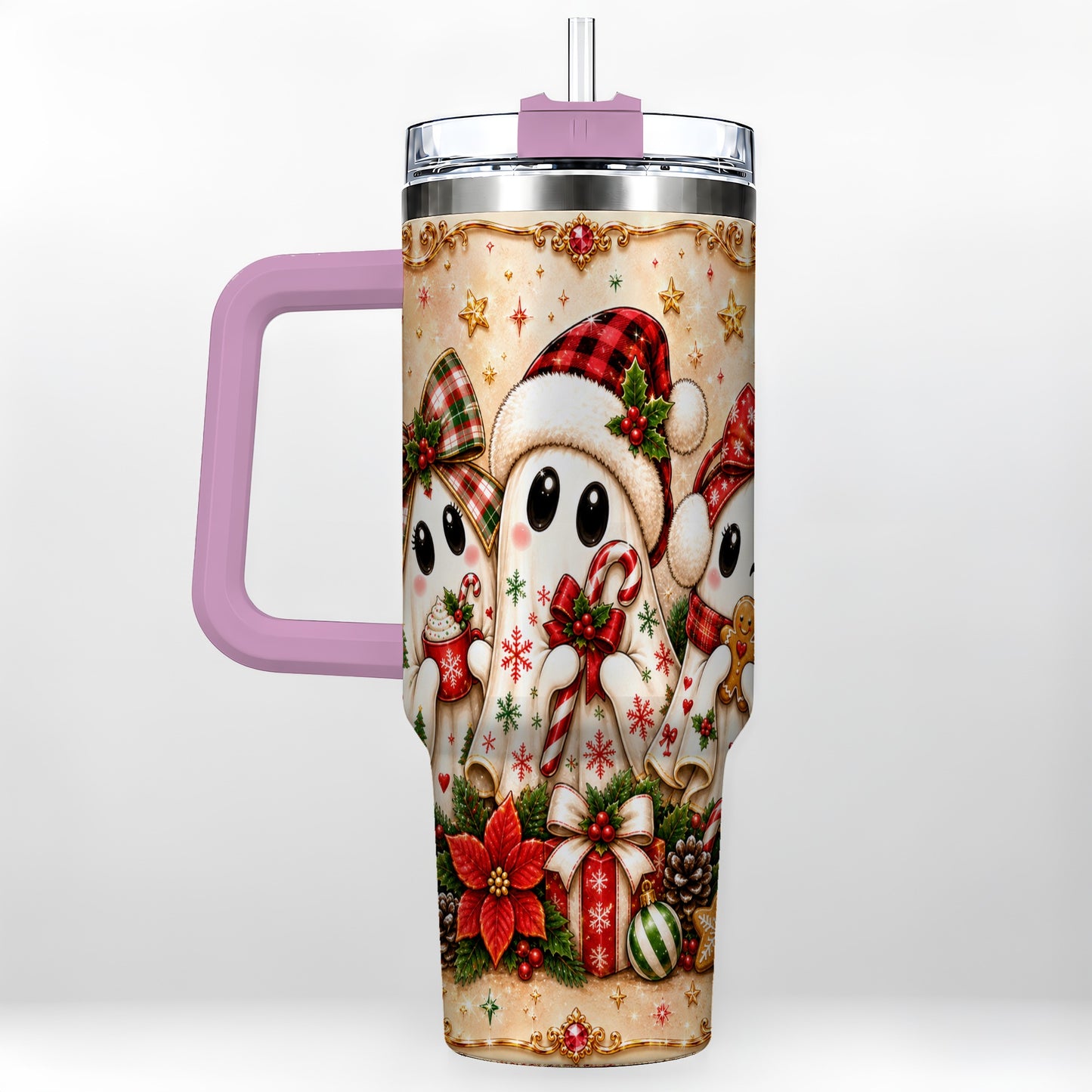 #pl[40oz|Pink] Ghost Trio 40oz Tumbler with Handle, Christmas Stainless Steel Travel Cup