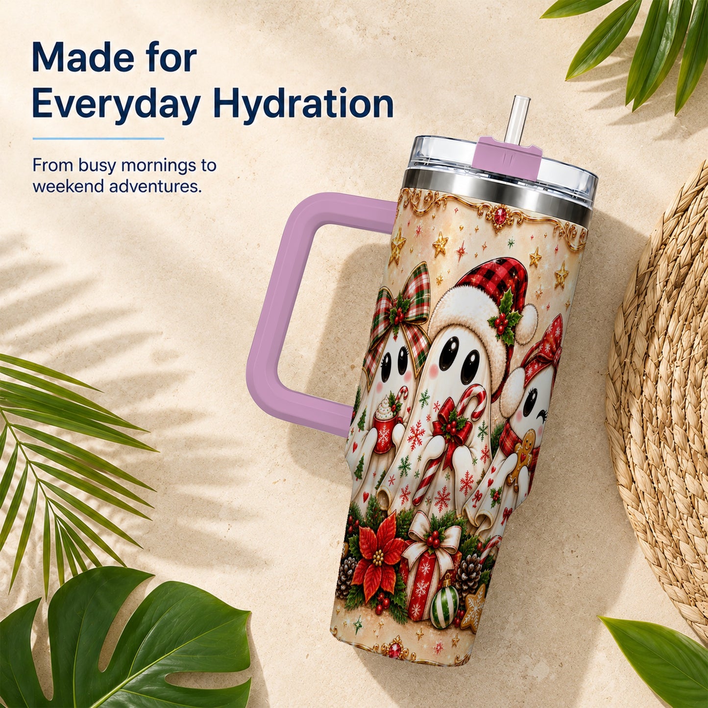 #pl[40oz|Pink] Ghost Trio 40oz Tumbler with Handle, Christmas Stainless Steel Travel Cup