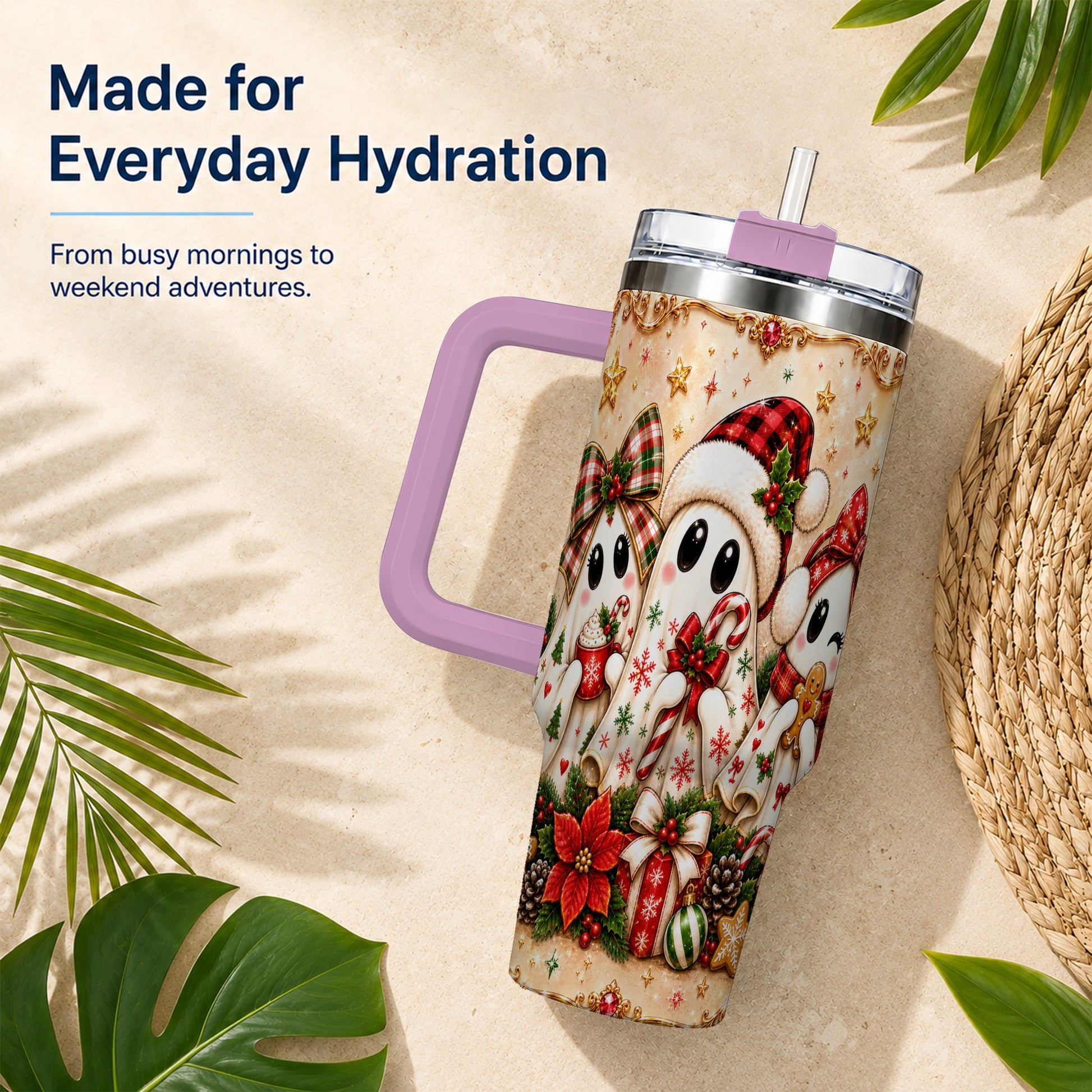#pl[40oz|Pink] Ghost Trio 40oz Tumbler with Handle, Christmas Stainless Steel Travel Cup