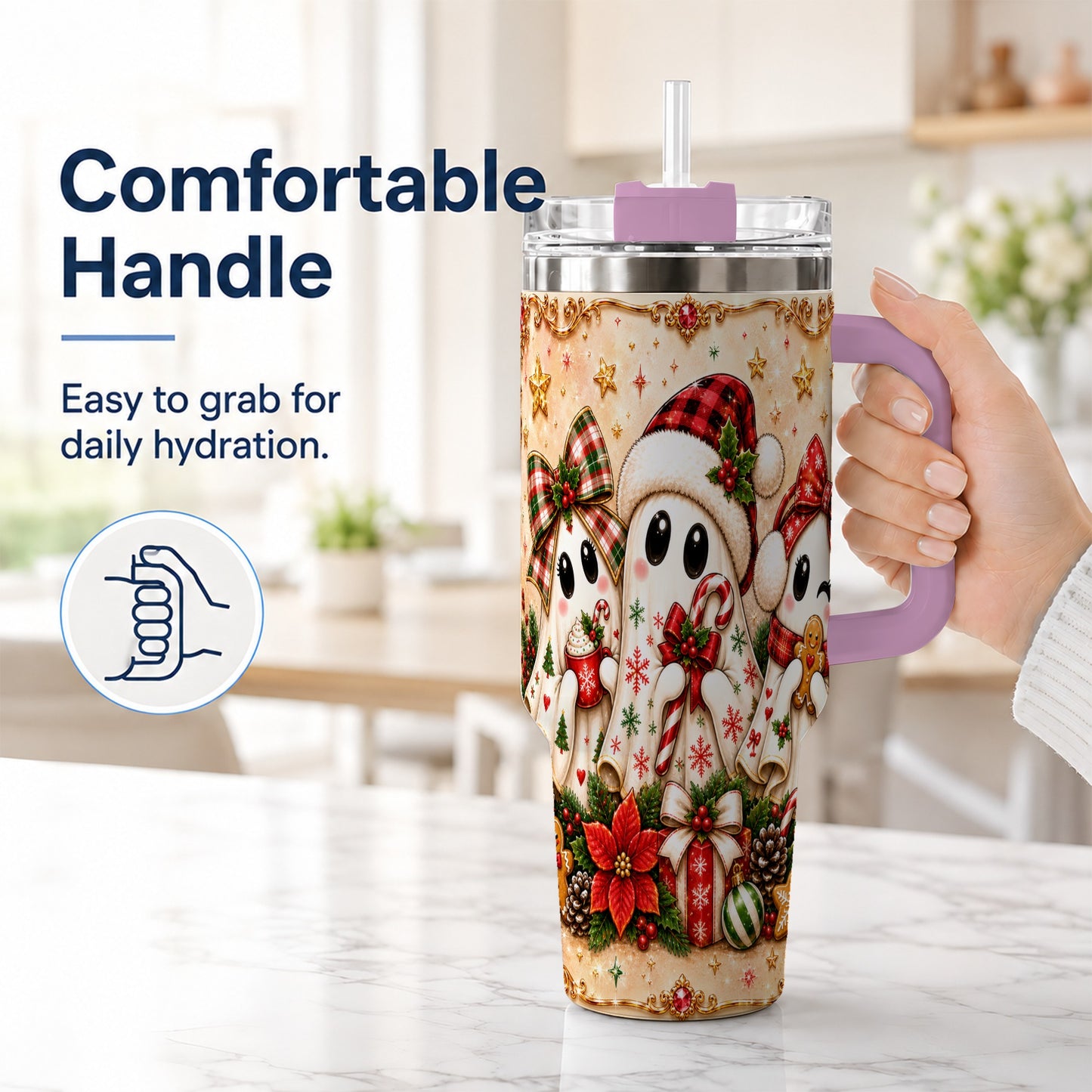 #pl[40oz|Pink] Ghost Trio 40oz Tumbler with Handle, Christmas Stainless Steel Travel Cup