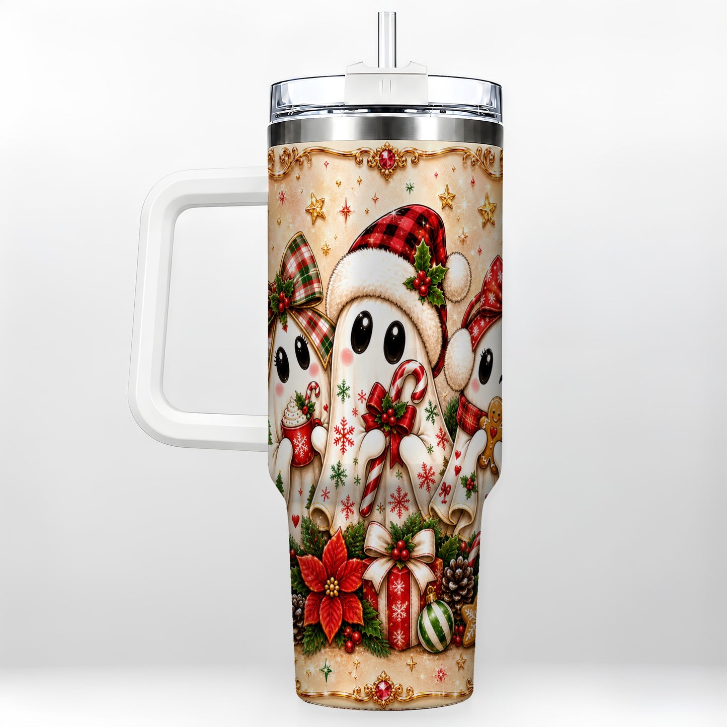 #pl[40oz|White] Ghost Trio 40oz Tumbler with Handle, Christmas Stainless Steel Travel Cup