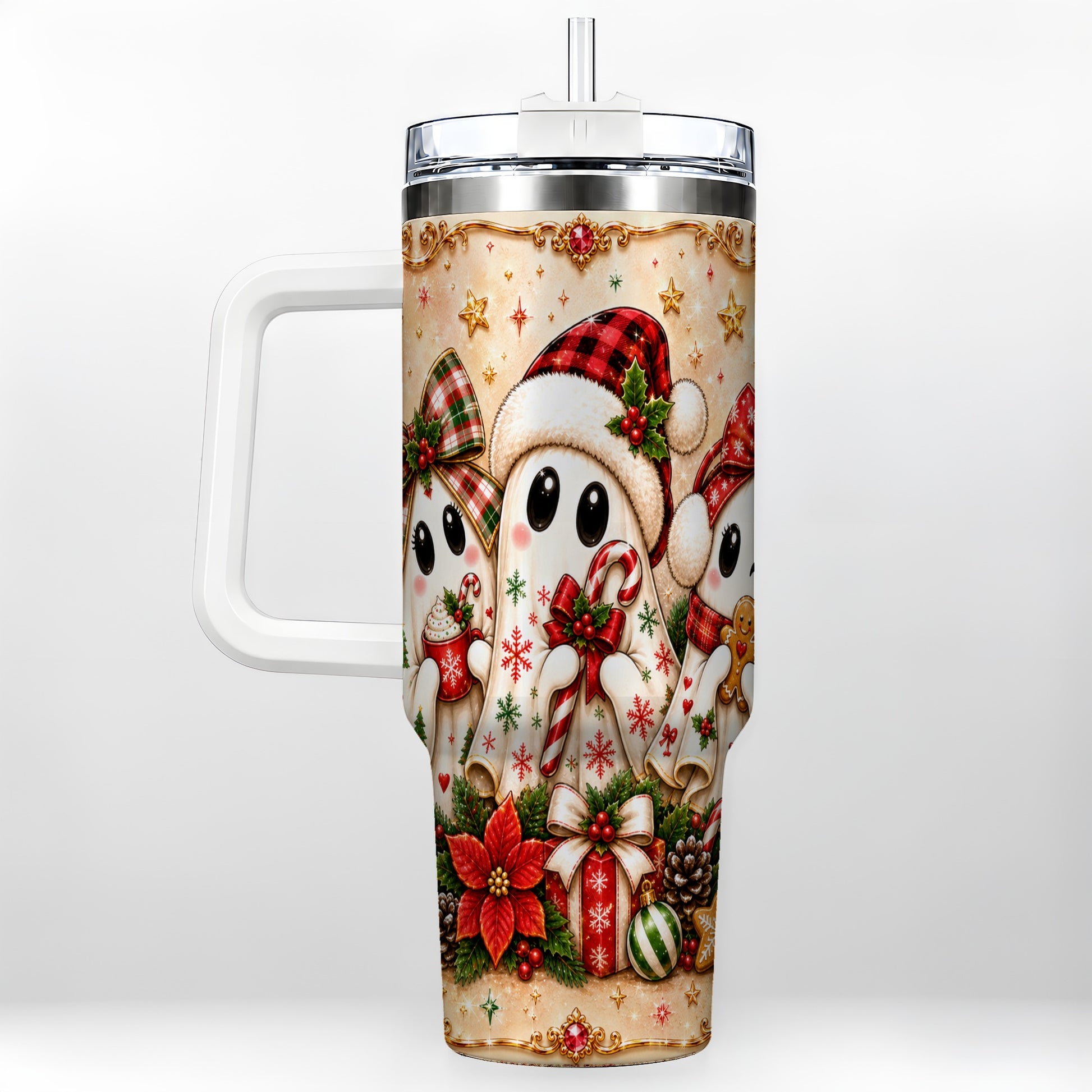 #pl[40oz|White] Ghost Trio 40oz Tumbler with Handle, Christmas Stainless Steel Travel Cup