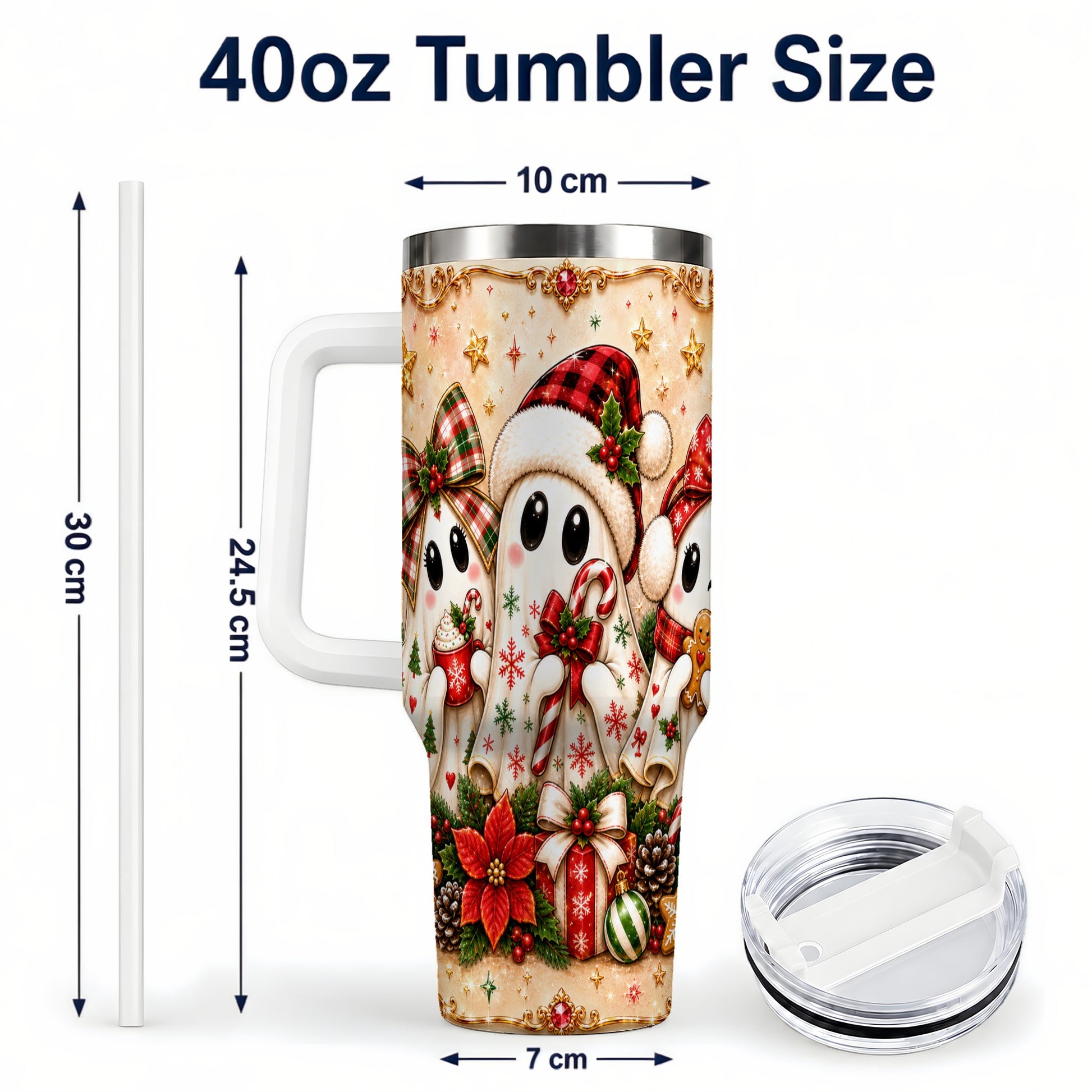 #pl[40oz|White] Ghost Trio 40oz Tumbler with Handle, Christmas Stainless Steel Travel Cup