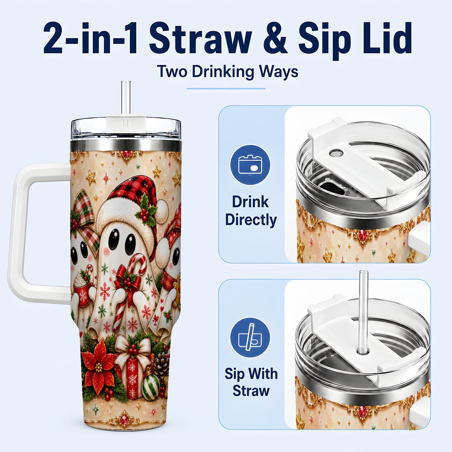 #pl[40oz|White] Ghost Trio 40oz Tumbler with Handle, Christmas Stainless Steel Travel Cup