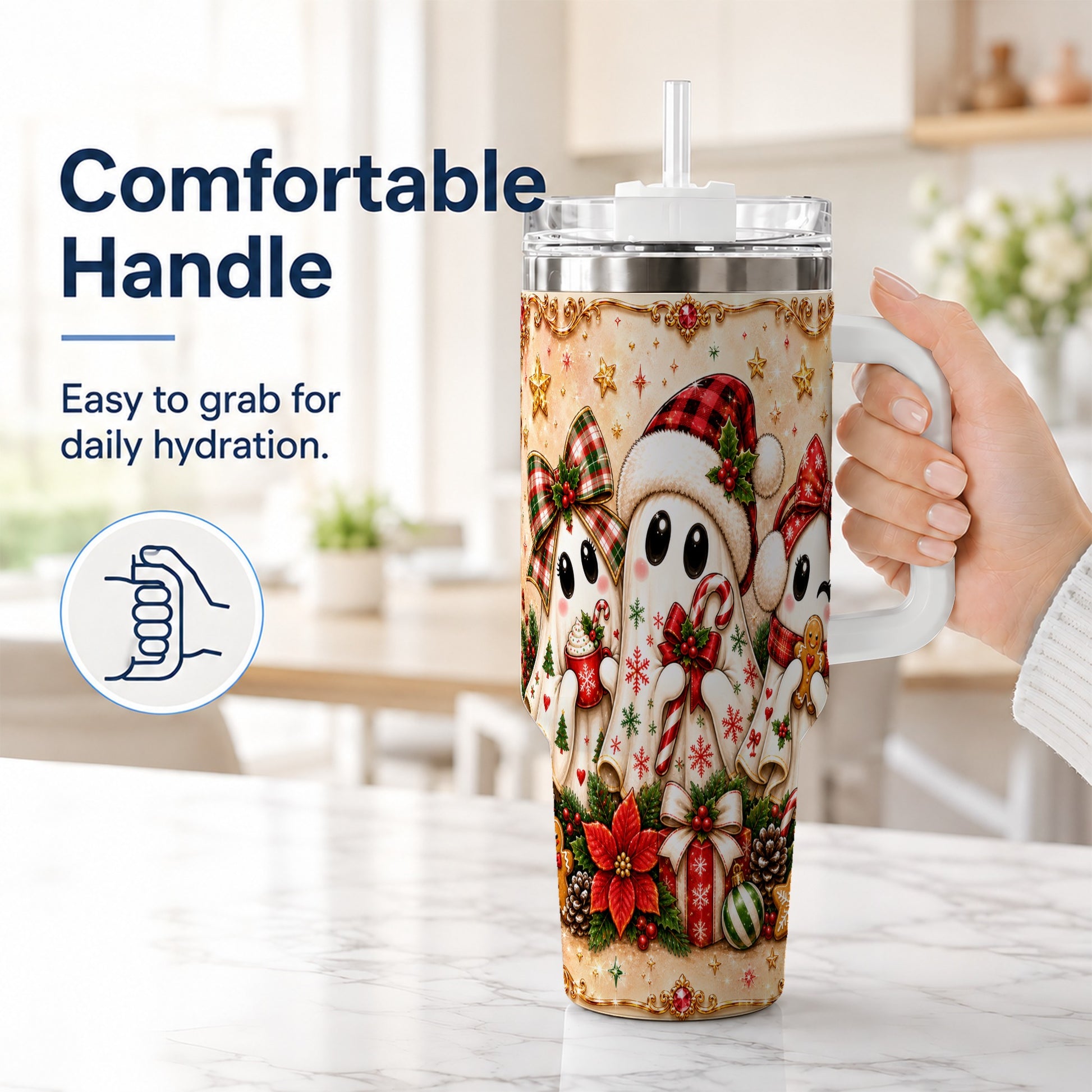 #pl[40oz|White] Ghost Trio 40oz Tumbler with Handle, Christmas Stainless Steel Travel Cup