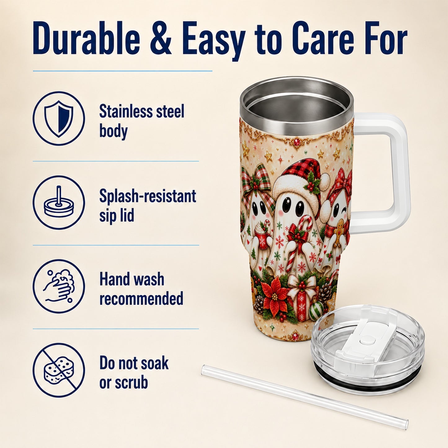 #pl[40oz|White] Ghost Trio 40oz Tumbler with Handle, Christmas Stainless Steel Travel Cup