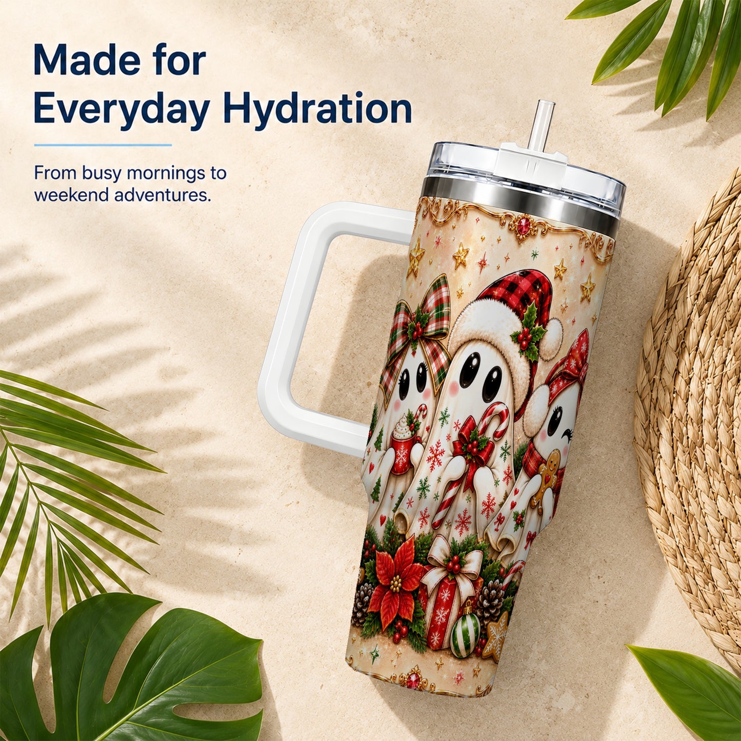 #pl[40oz|White] Ghost Trio 40oz Tumbler with Handle, Christmas Stainless Steel Travel Cup