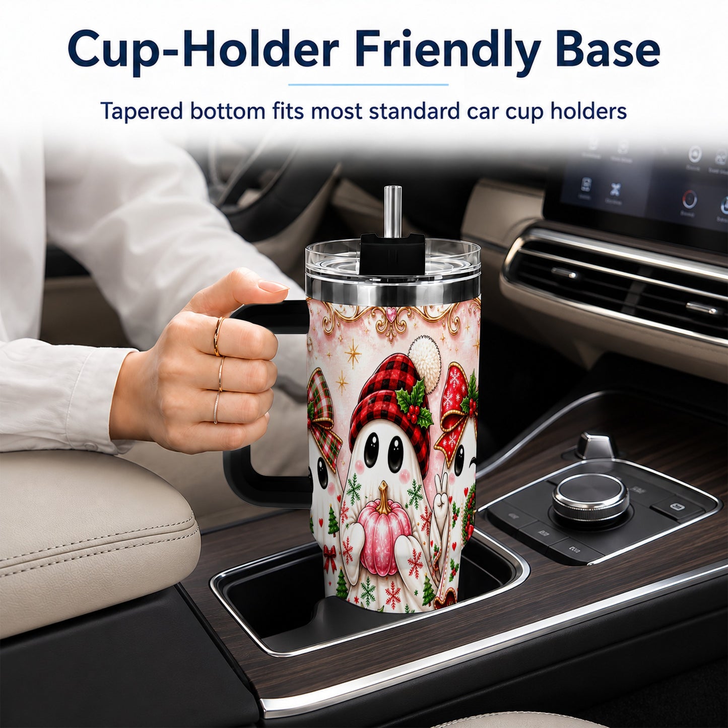 #pl[40oz|Black] Pink Ghost 40oz Tumbler with Handle, Christmas Stainless Steel Travel Cup
