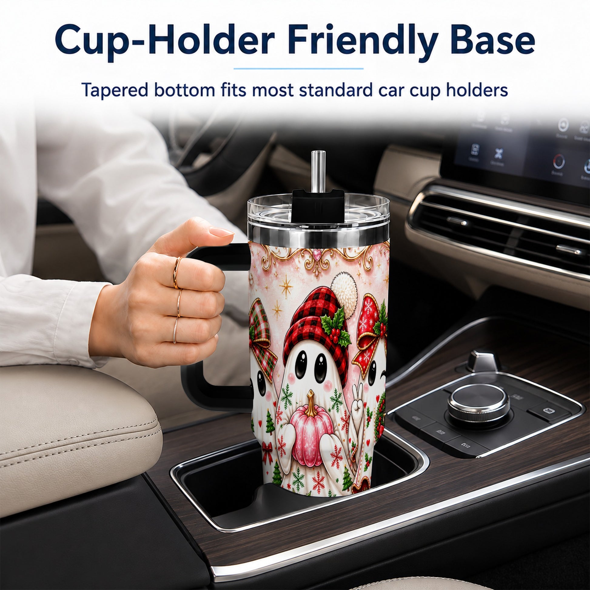 #pl[40oz|Black] Pink Ghost 40oz Tumbler with Handle, Christmas Stainless Steel Travel Cup