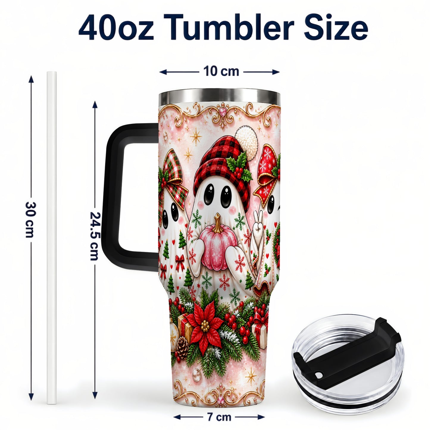#pl[40oz|Black] Pink Ghost 40oz Tumbler with Handle, Christmas Stainless Steel Travel Cup