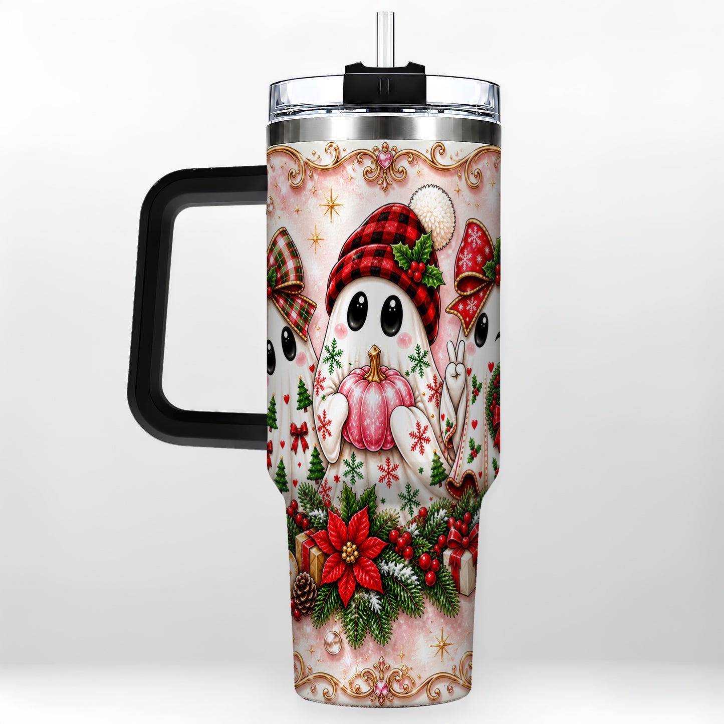 #pl[40oz|Black] Pink Ghost 40oz Tumbler with Handle, Christmas Stainless Steel Travel Cup