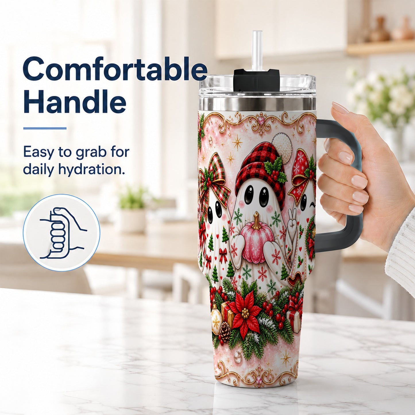 #pl[40oz|Black] Pink Ghost 40oz Tumbler with Handle, Christmas Stainless Steel Travel Cup