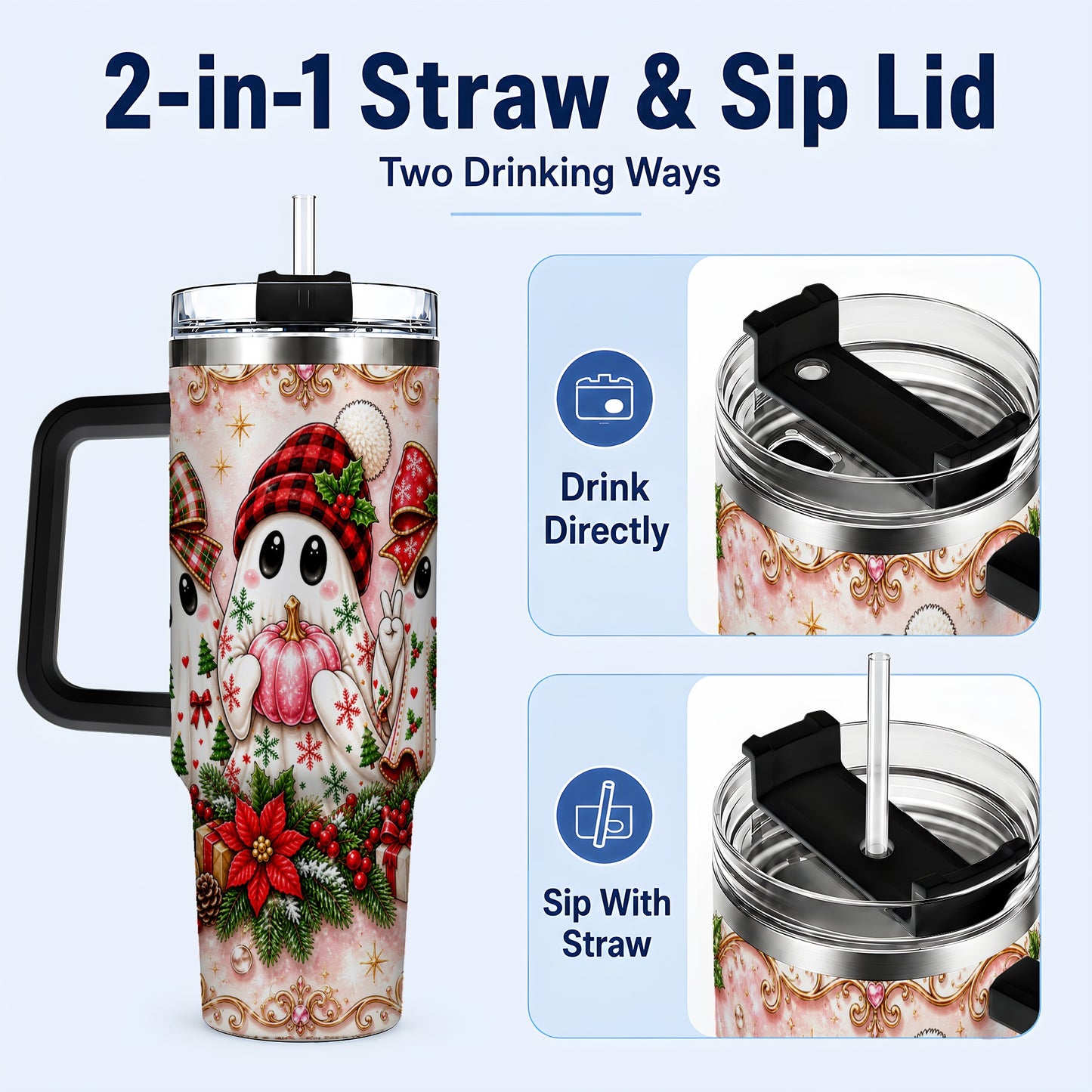 #pl[40oz|Black] Pink Ghost 40oz Tumbler with Handle, Christmas Stainless Steel Travel Cup