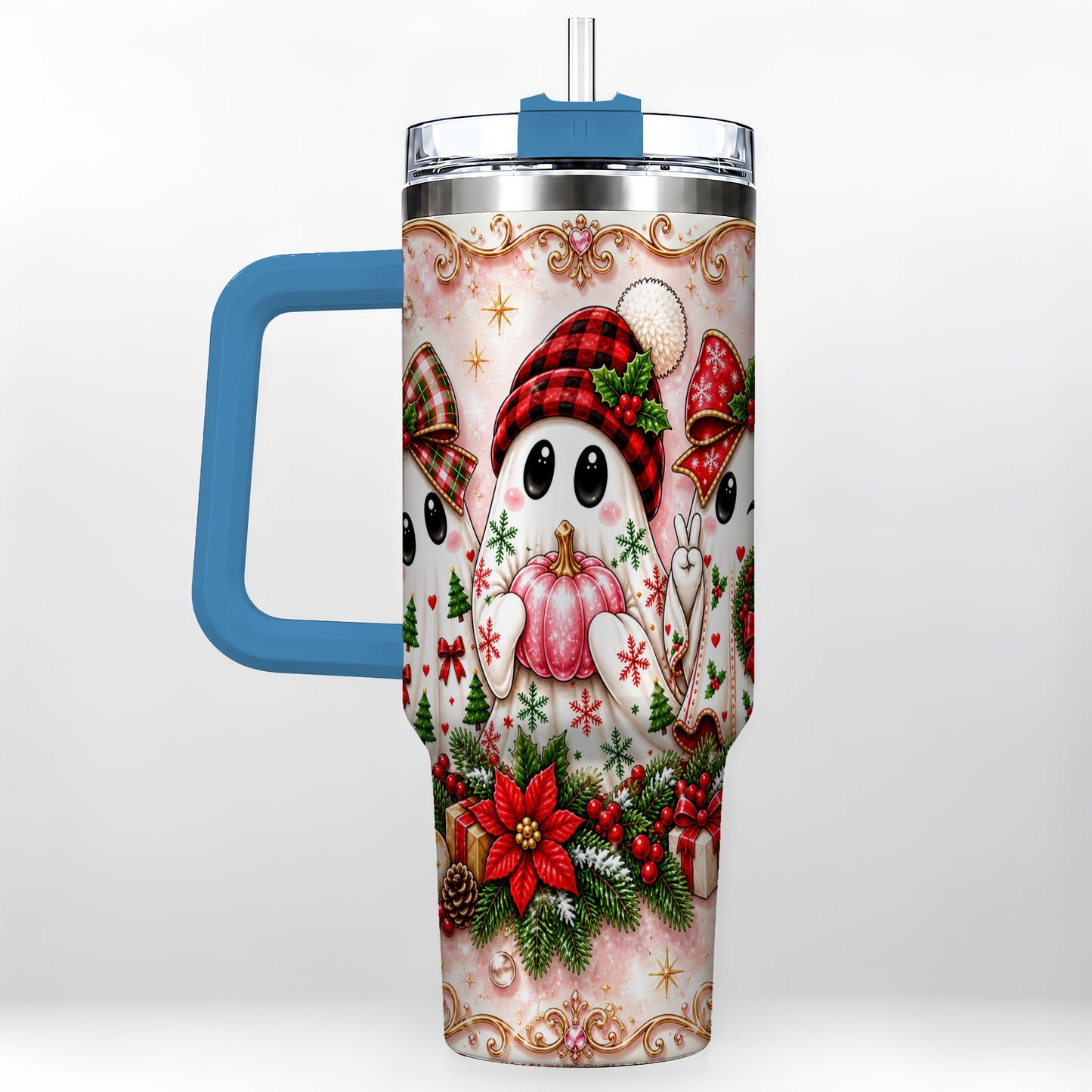 #pl[40oz|Blue] Pink Ghost 40oz Tumbler with Handle, Christmas Stainless Steel Travel Cup