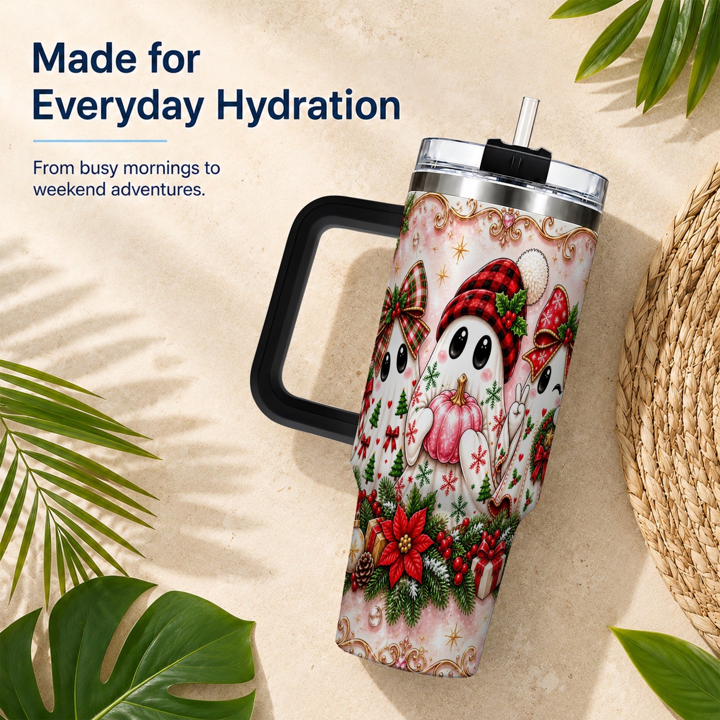 #pl[40oz|Black] Pink Ghost 40oz Tumbler with Handle, Christmas Stainless Steel Travel Cup