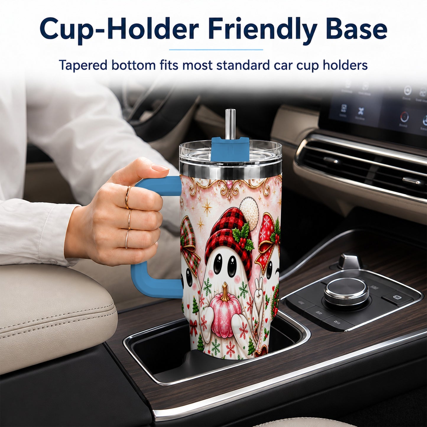 #pl[40oz|Blue] Pink Ghost 40oz Tumbler with Handle, Christmas Stainless Steel Travel Cup