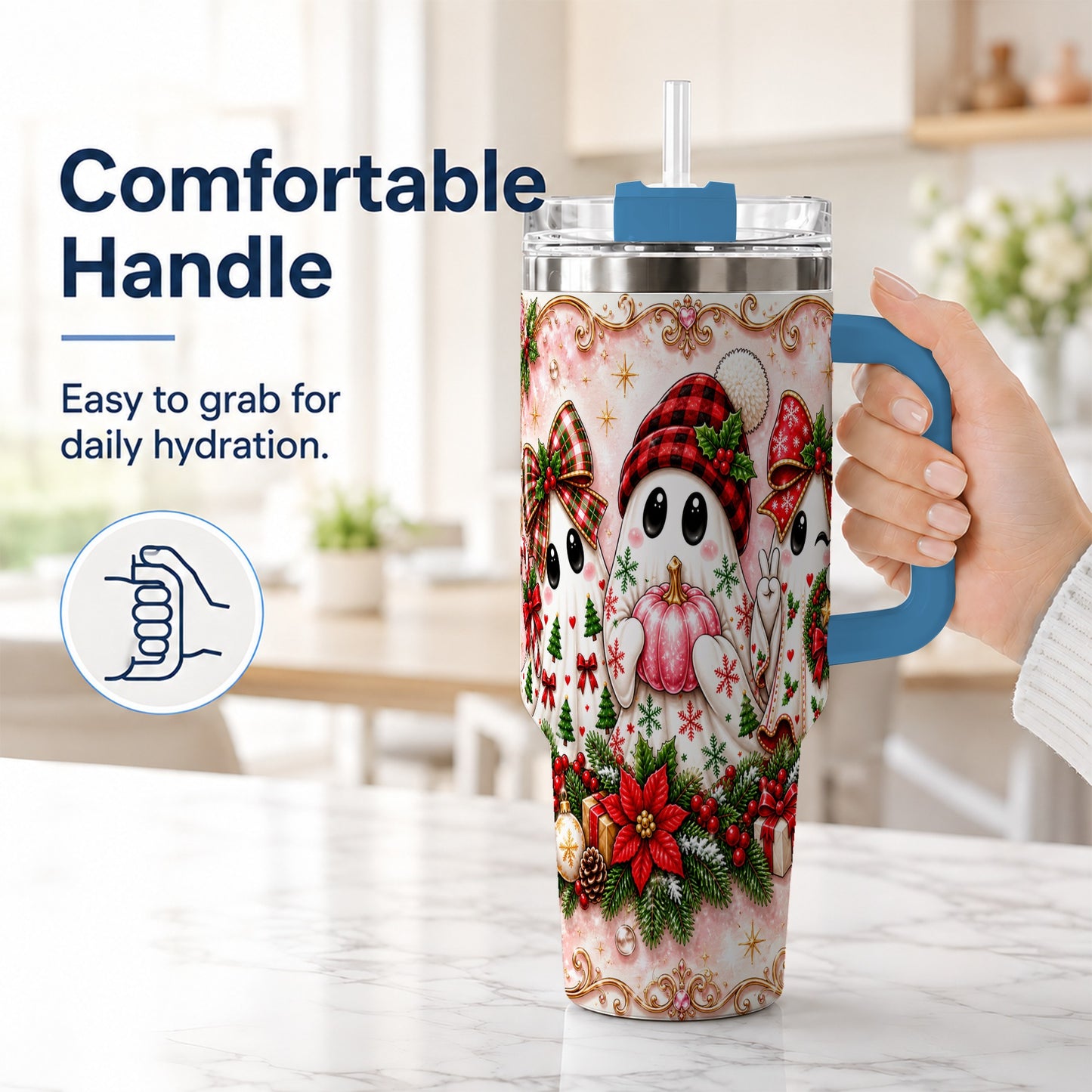 #pl[40oz|Blue] Pink Ghost 40oz Tumbler with Handle, Christmas Stainless Steel Travel Cup