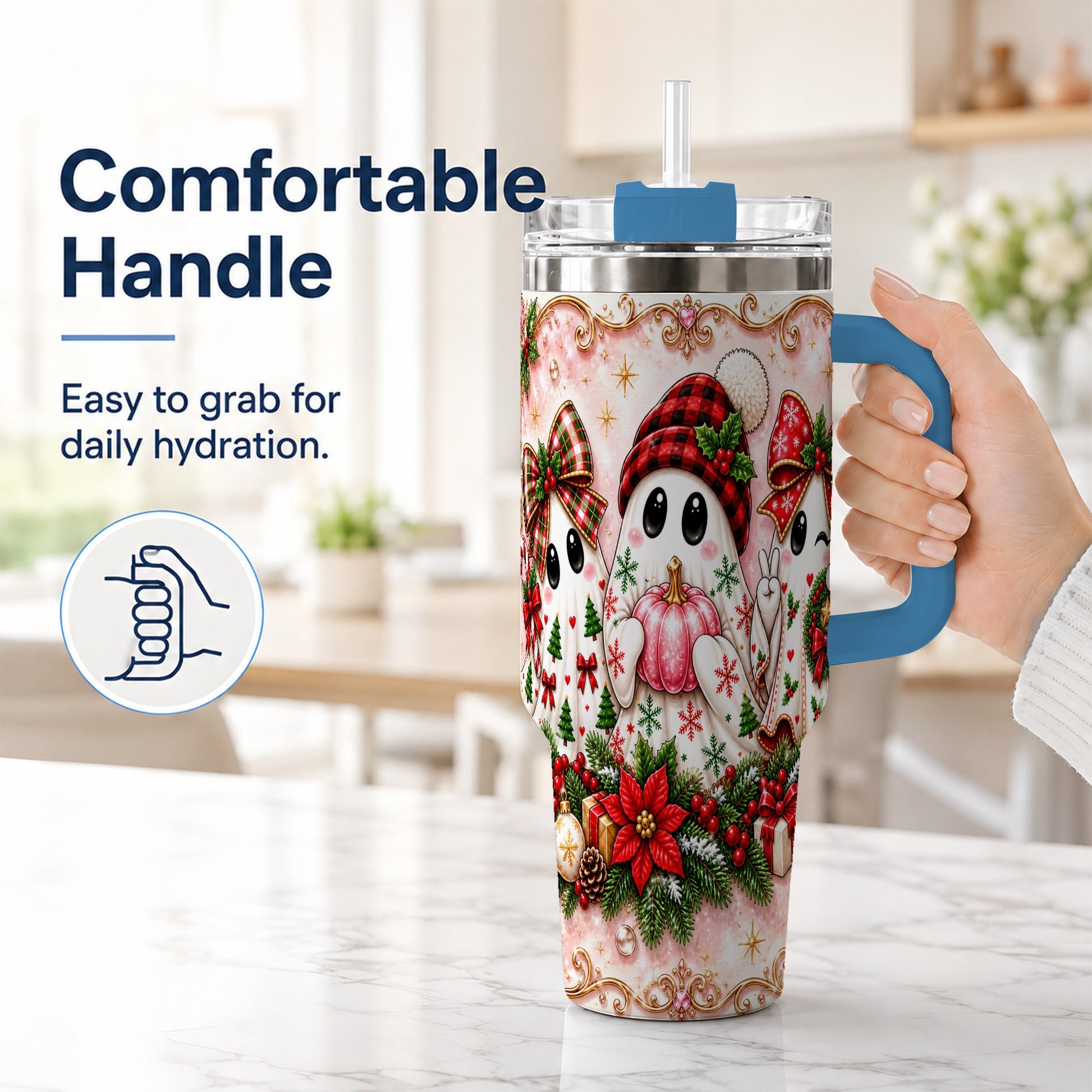 #pl[40oz|Blue] Pink Ghost 40oz Tumbler with Handle, Christmas Stainless Steel Travel Cup