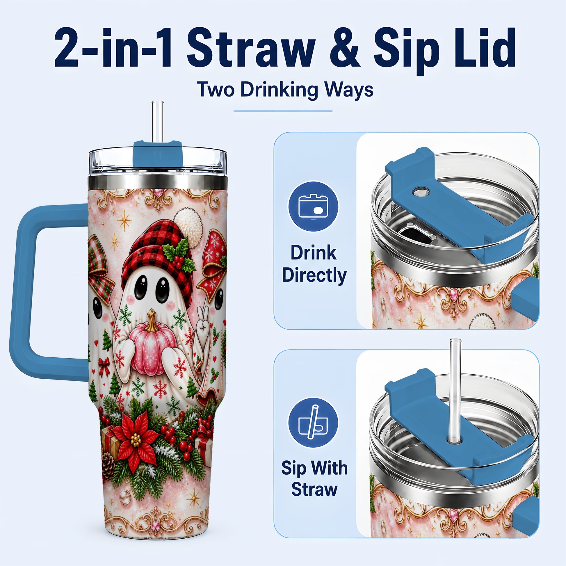 #pl[40oz|Blue] Pink Ghost 40oz Tumbler with Handle, Christmas Stainless Steel Travel Cup