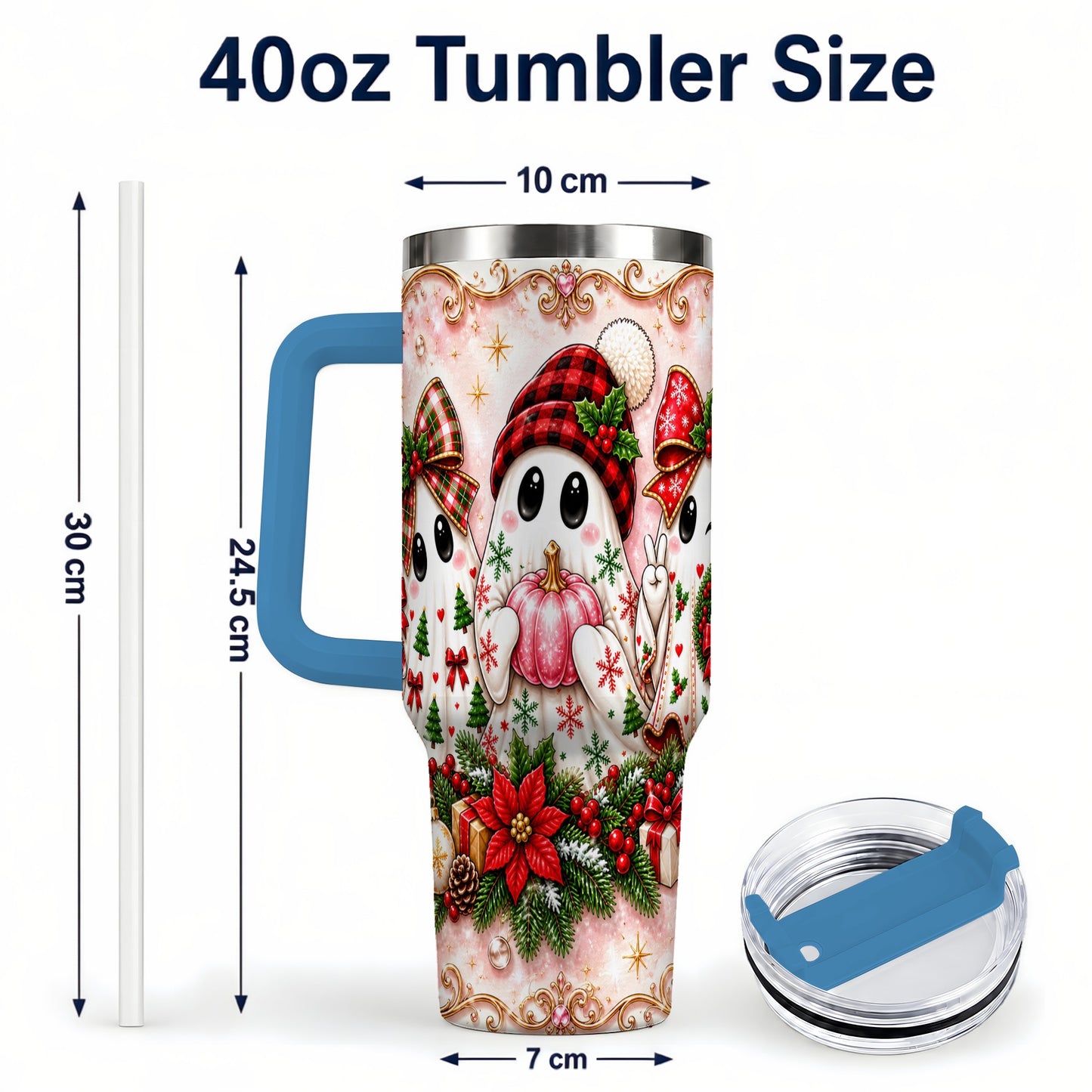 #pl[40oz|Blue] Pink Ghost 40oz Tumbler with Handle, Christmas Stainless Steel Travel Cup
