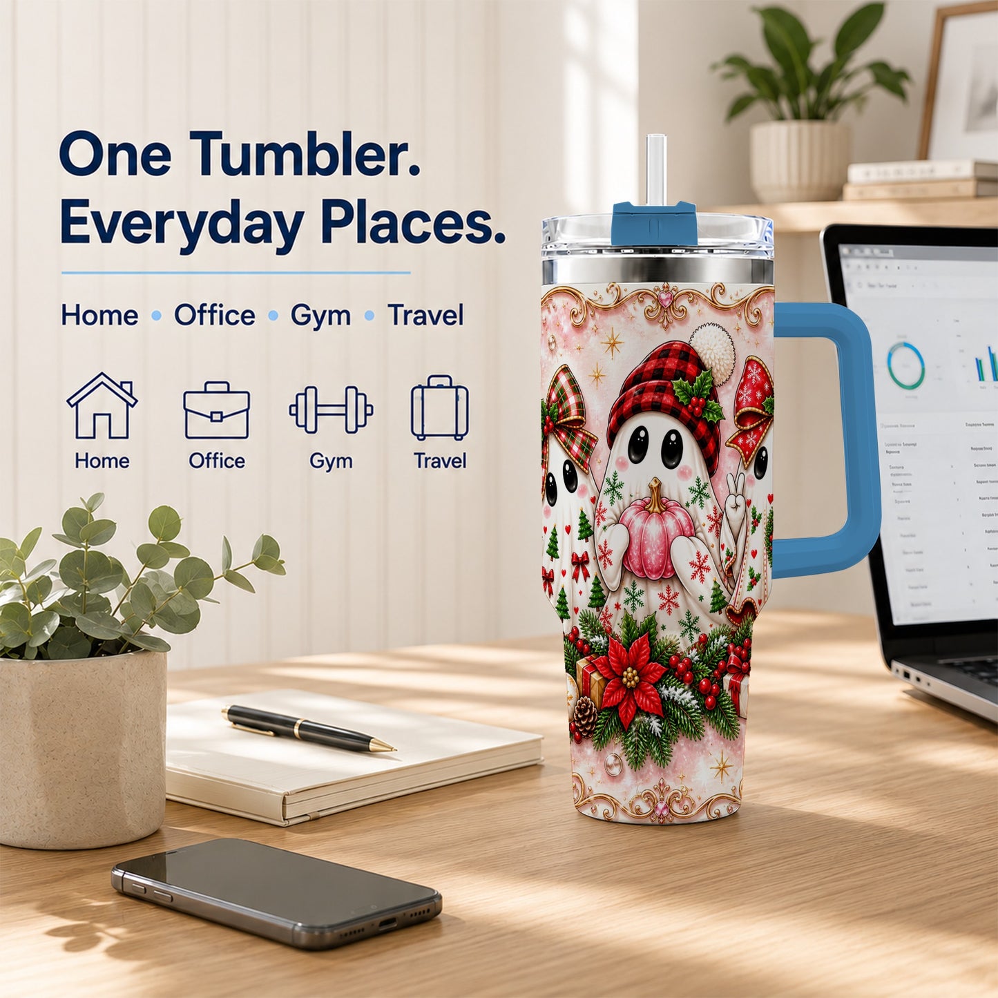 #pl[40oz|Blue] Pink Ghost 40oz Tumbler with Handle, Christmas Stainless Steel Travel Cup