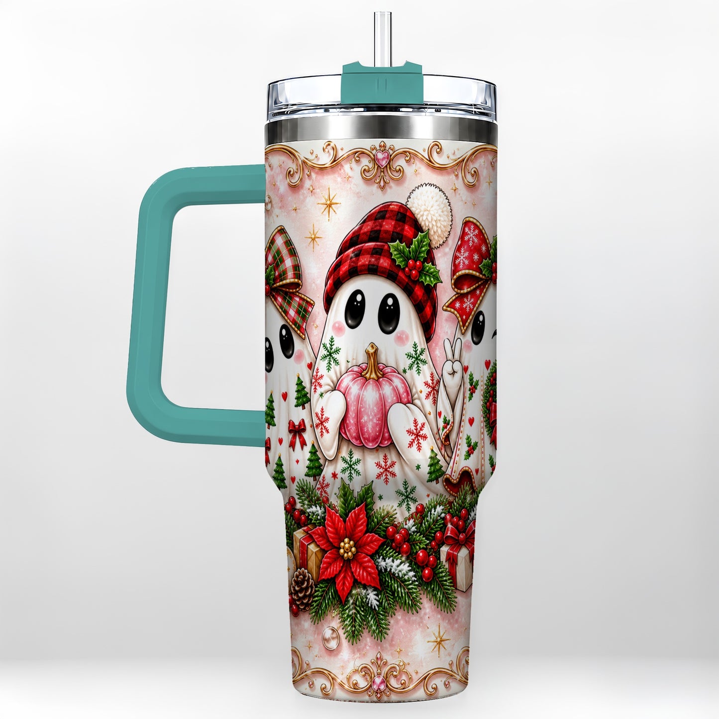 #pl[40oz|Green] Pink Ghost 40oz Tumbler with Handle, Christmas Stainless Steel Travel Cup