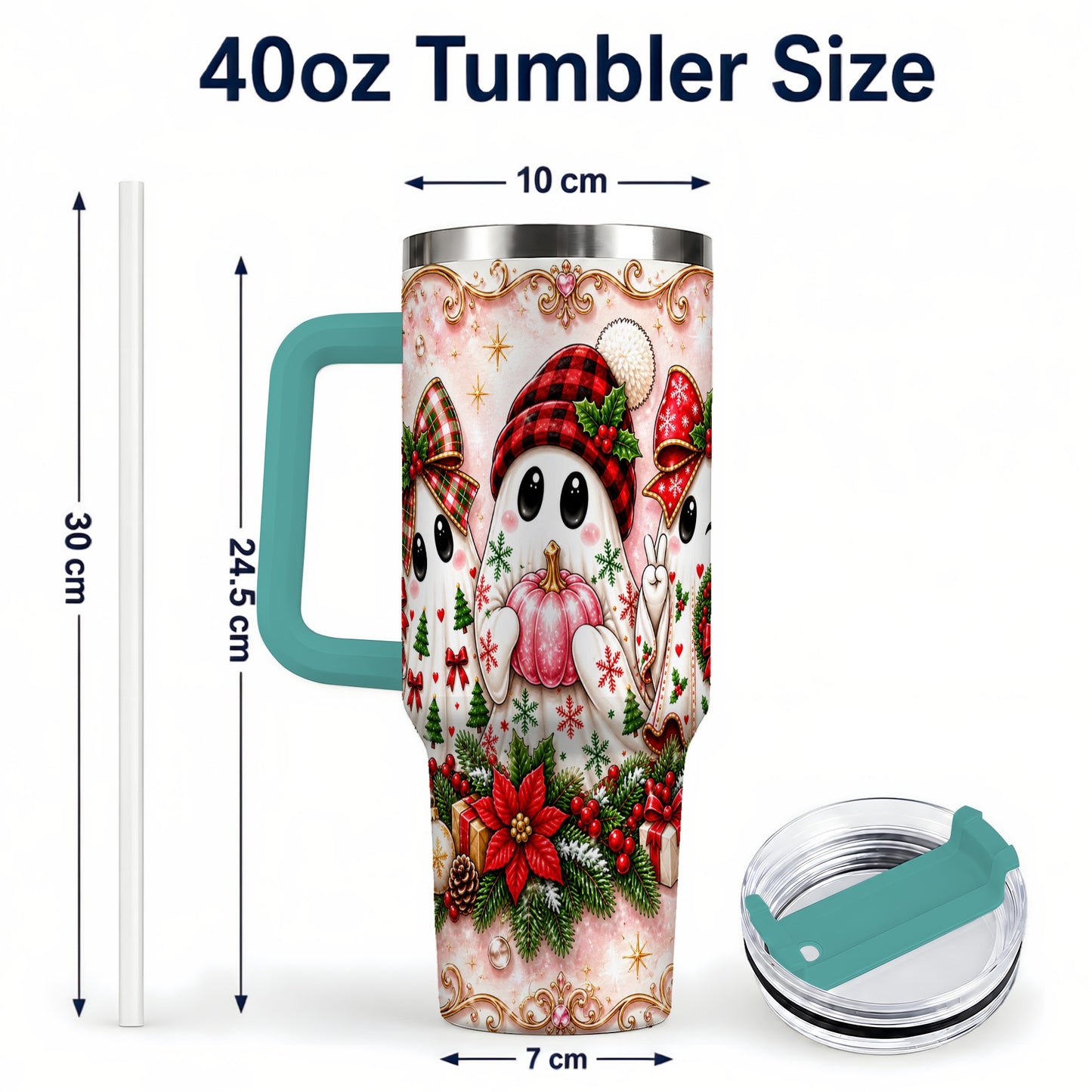 #pl[40oz|Green] Pink Ghost 40oz Tumbler with Handle, Christmas Stainless Steel Travel Cup