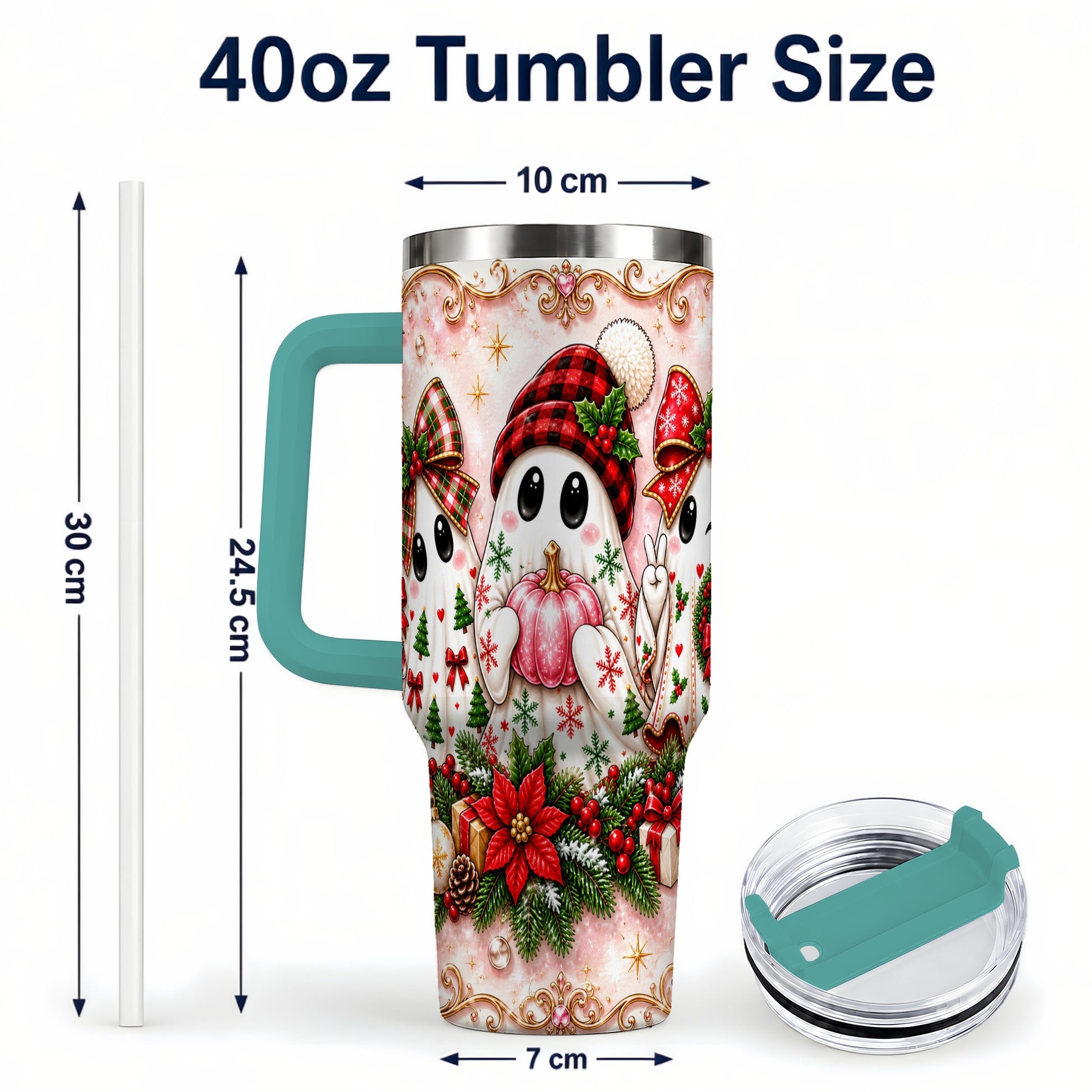 #pl[40oz|Green] Pink Ghost 40oz Tumbler with Handle, Christmas Stainless Steel Travel Cup