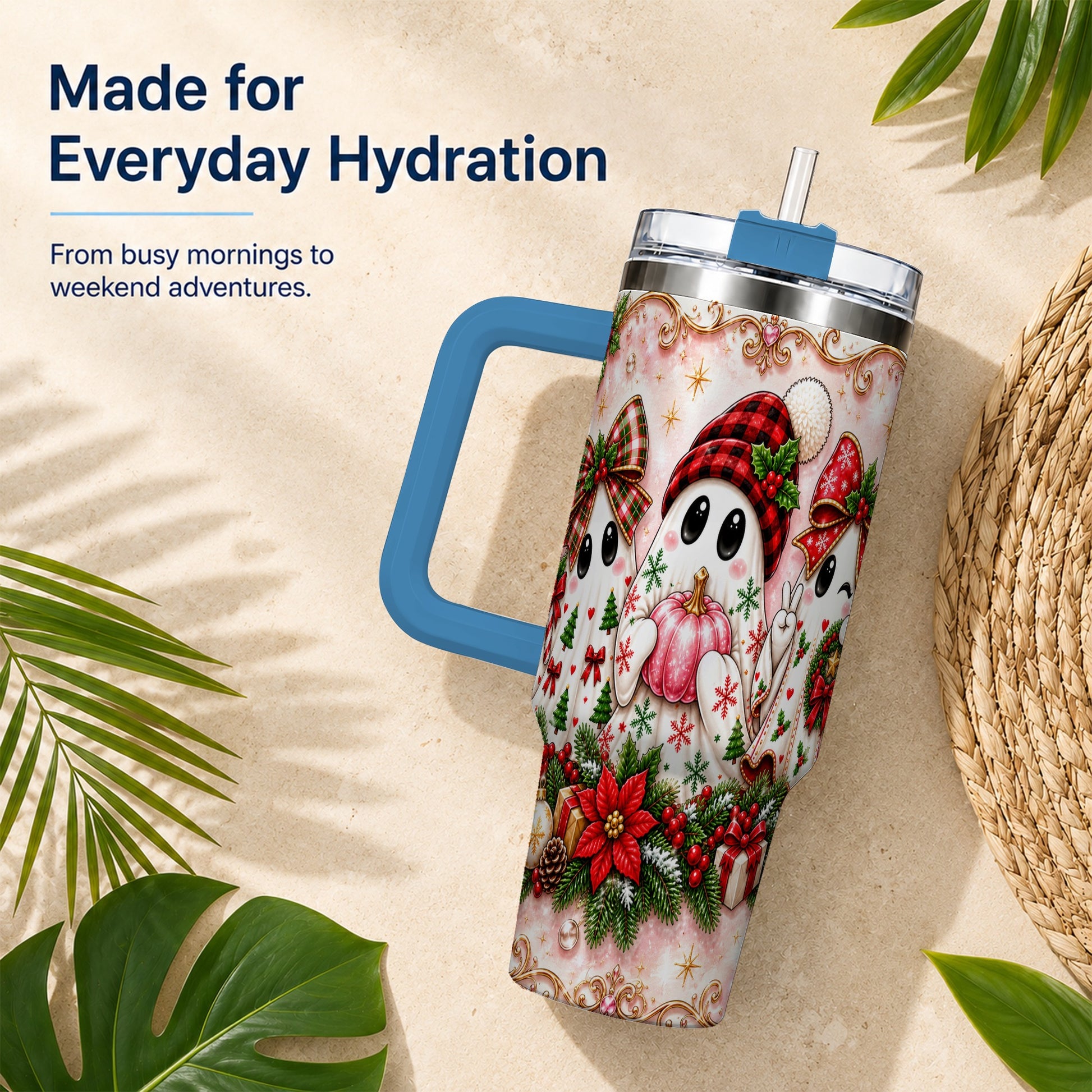#pl[40oz|Blue] Pink Ghost 40oz Tumbler with Handle, Christmas Stainless Steel Travel Cup