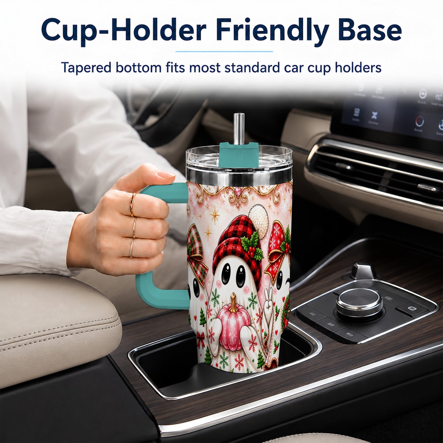 #pl[40oz|Green] Pink Ghost 40oz Tumbler with Handle, Christmas Stainless Steel Travel Cup