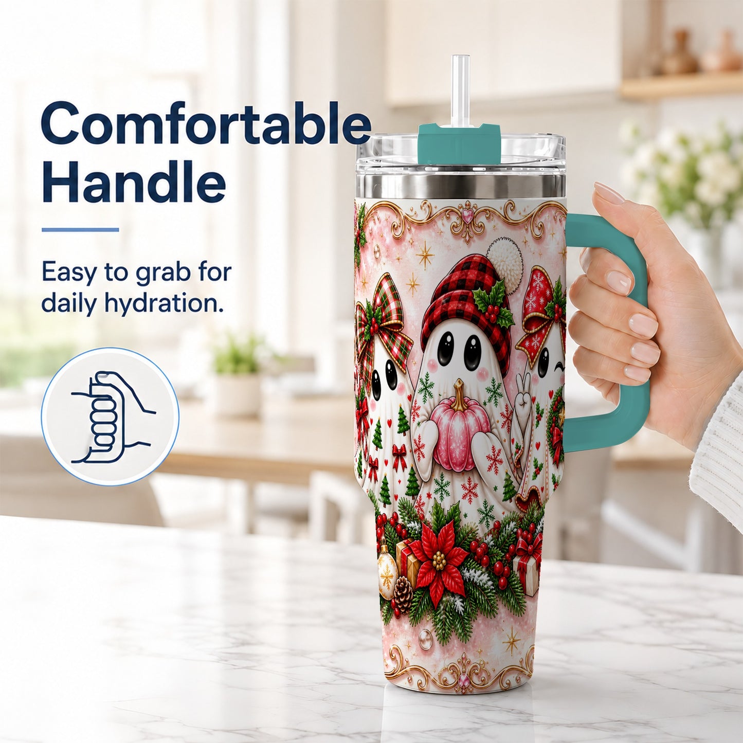 #pl[40oz|Green] Pink Ghost 40oz Tumbler with Handle, Christmas Stainless Steel Travel Cup