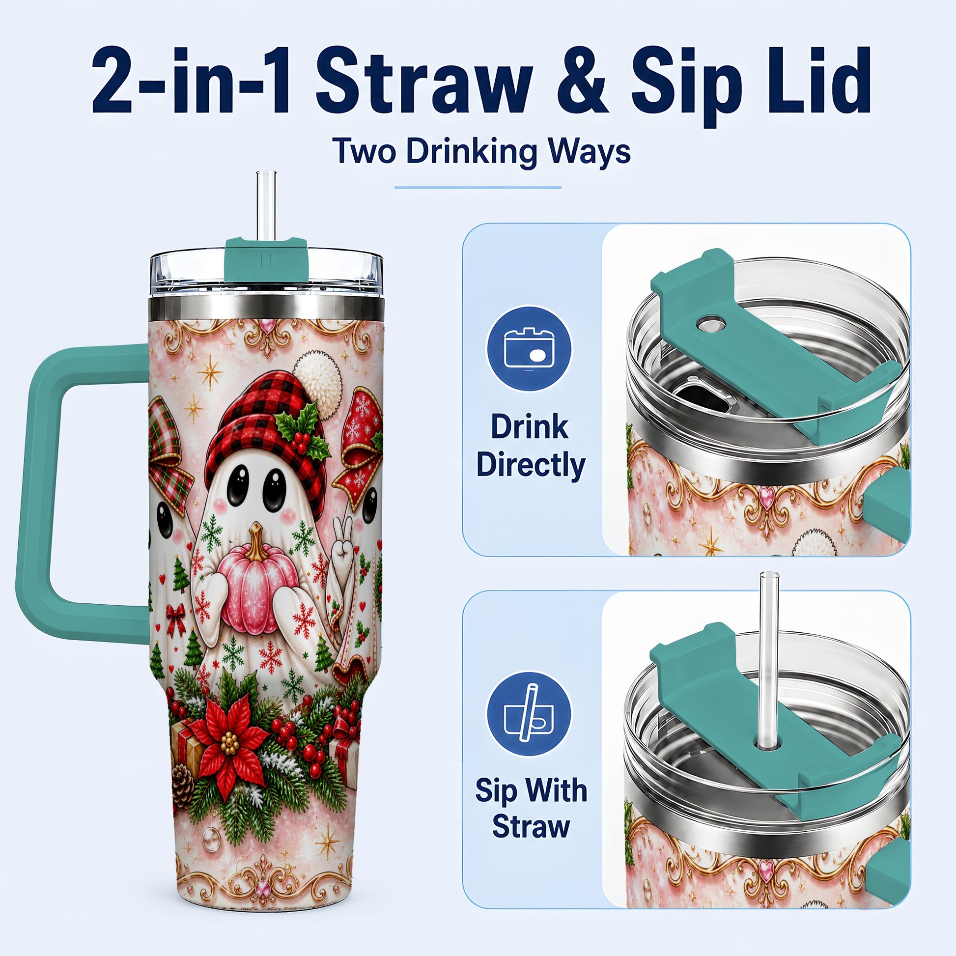 #pl[40oz|Green] Pink Ghost 40oz Tumbler with Handle, Christmas Stainless Steel Travel Cup