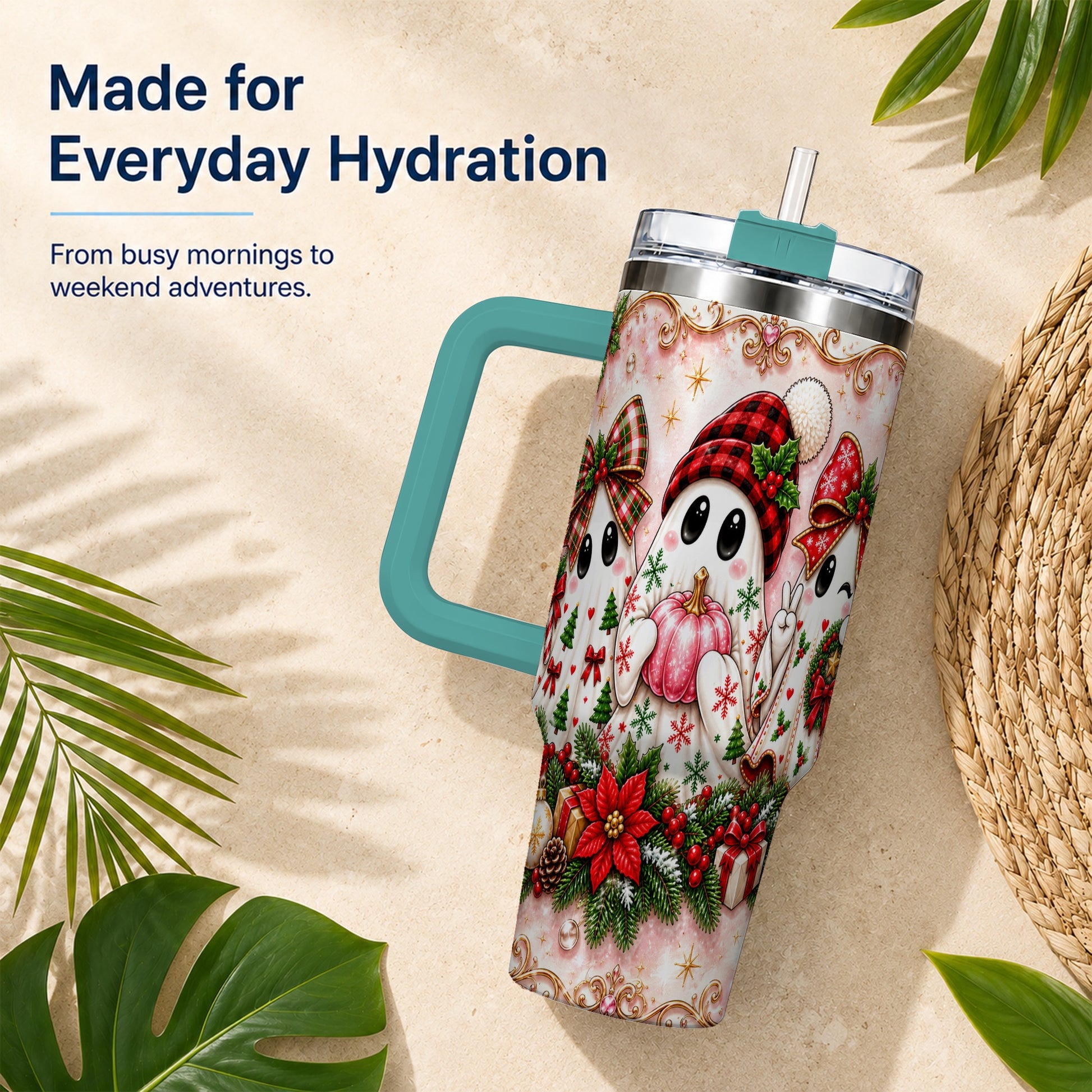 #pl[40oz|Green] Pink Ghost 40oz Tumbler with Handle, Christmas Stainless Steel Travel Cup