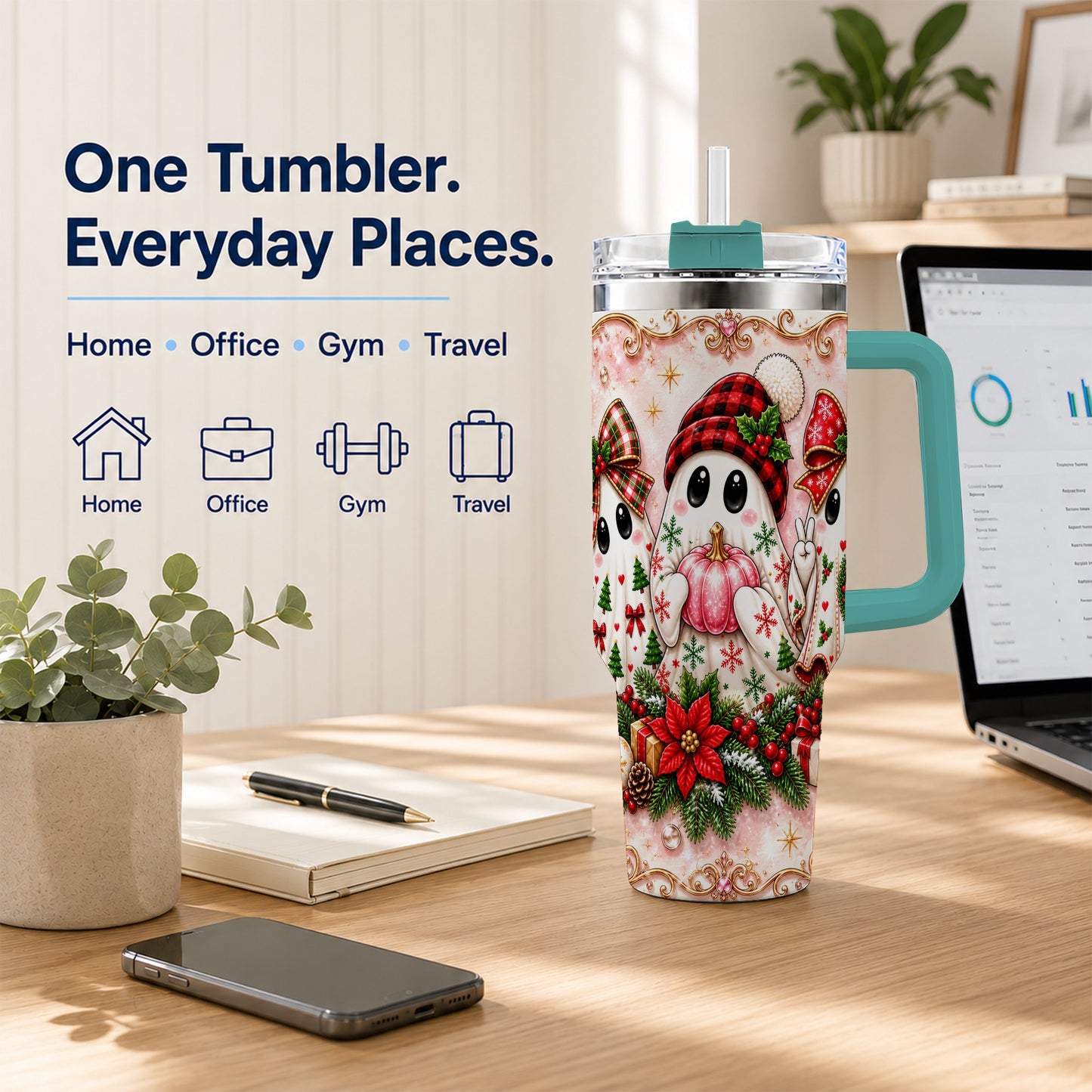 #pl[40oz|Green] Pink Ghost 40oz Tumbler with Handle, Christmas Stainless Steel Travel Cup