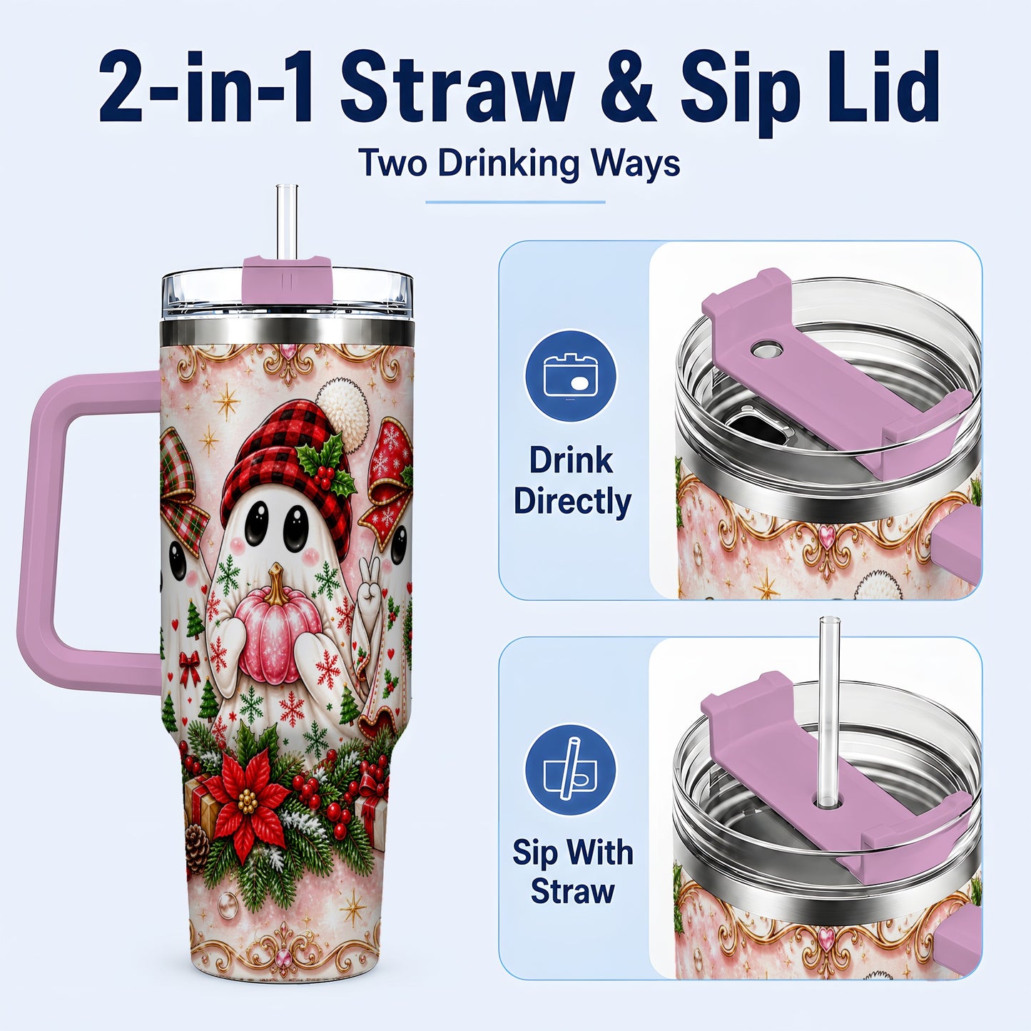 #pl[40oz|Pink] Pink Ghost 40oz Tumbler with Handle, Christmas Stainless Steel Travel Cup
