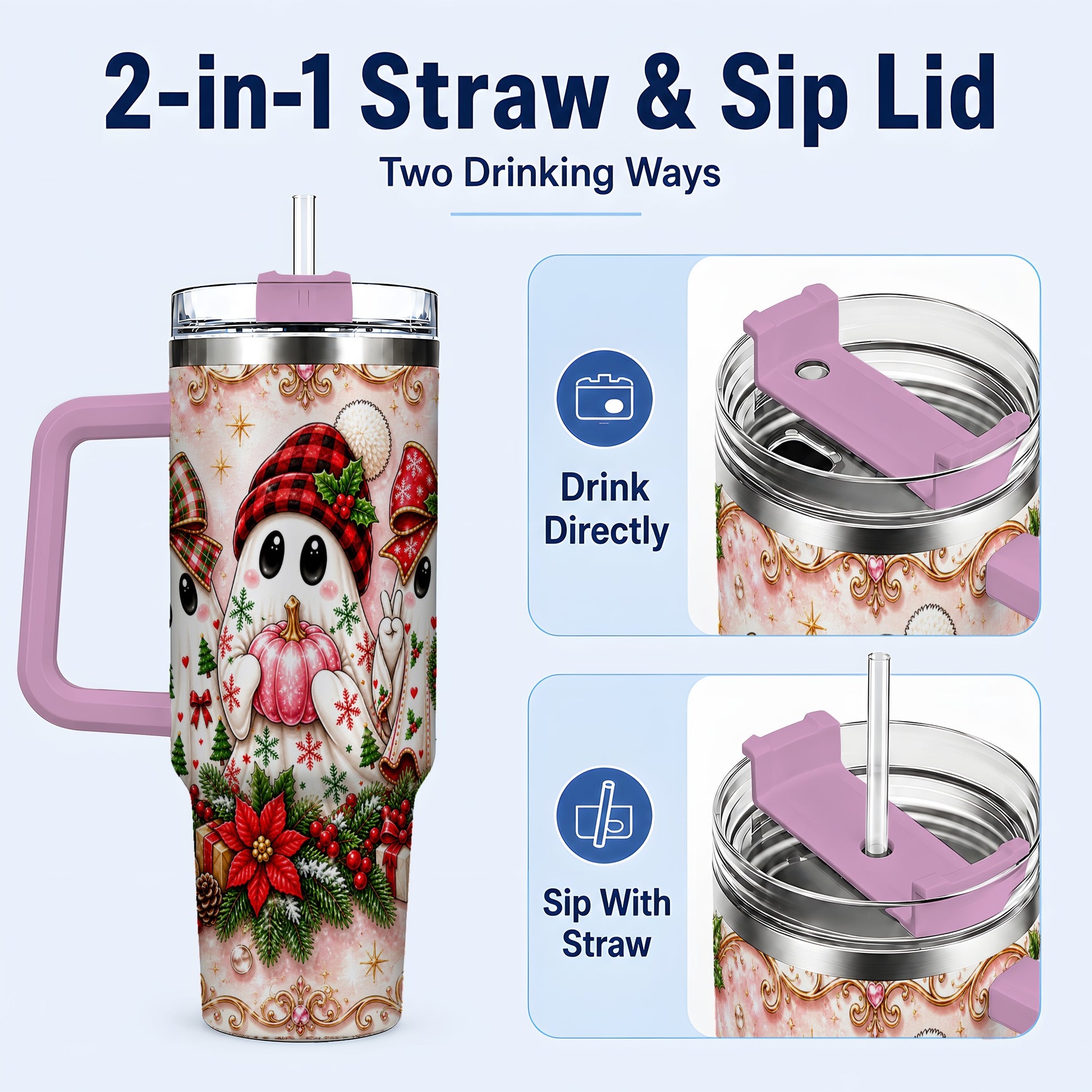 #pl[40oz|Pink] Pink Ghost 40oz Tumbler with Handle, Christmas Stainless Steel Travel Cup