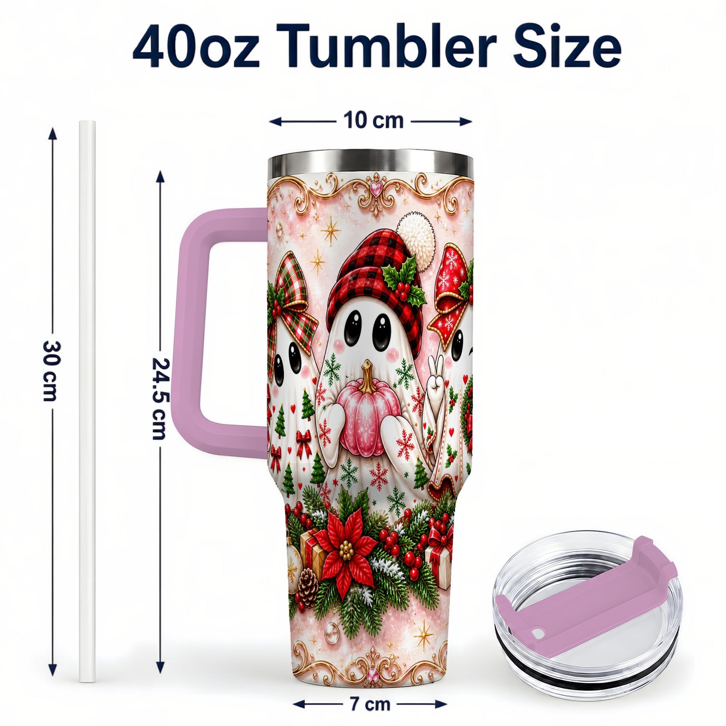 #pl[40oz|Pink] Pink Ghost 40oz Tumbler with Handle, Christmas Stainless Steel Travel Cup