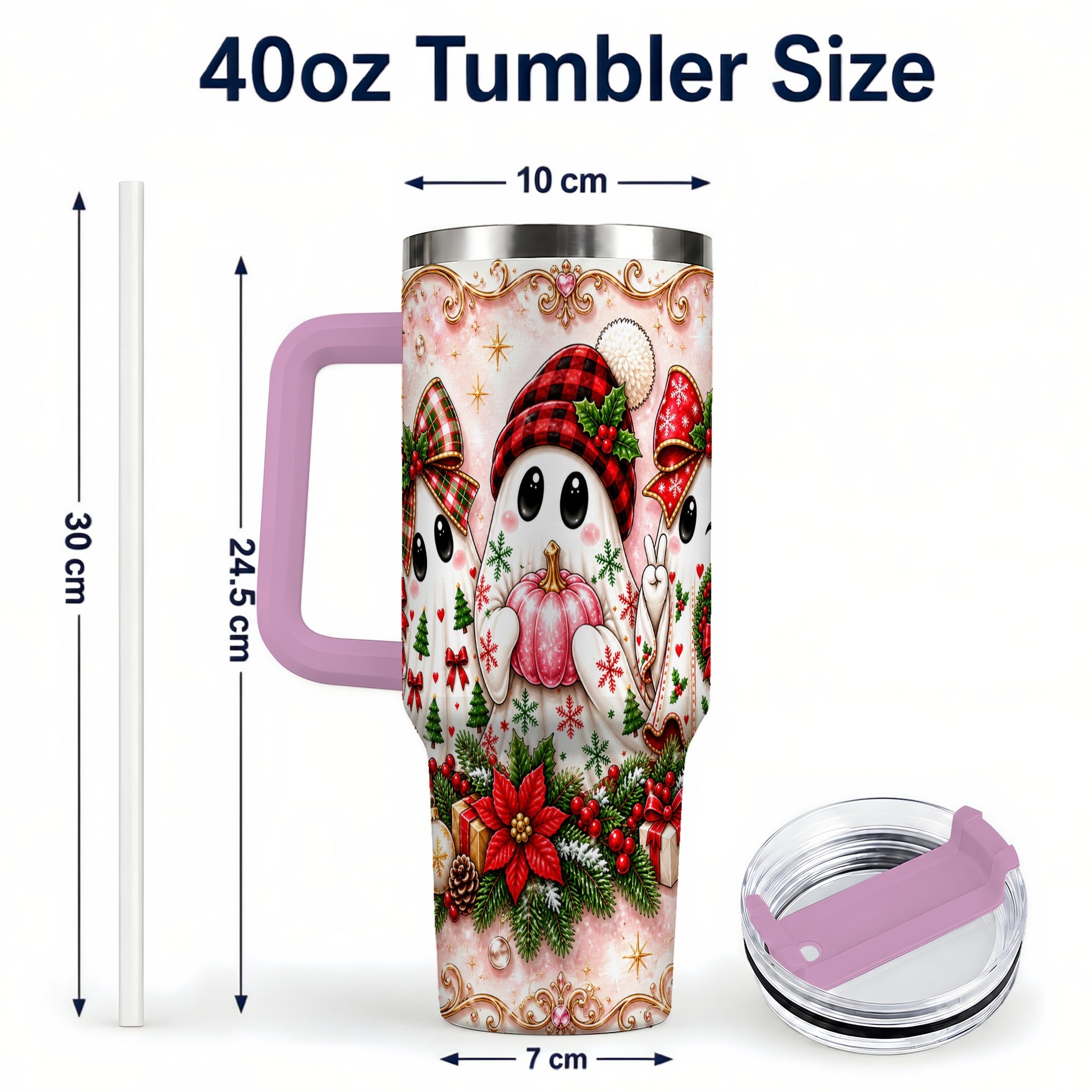 #pl[40oz|Pink] Pink Ghost 40oz Tumbler with Handle, Christmas Stainless Steel Travel Cup