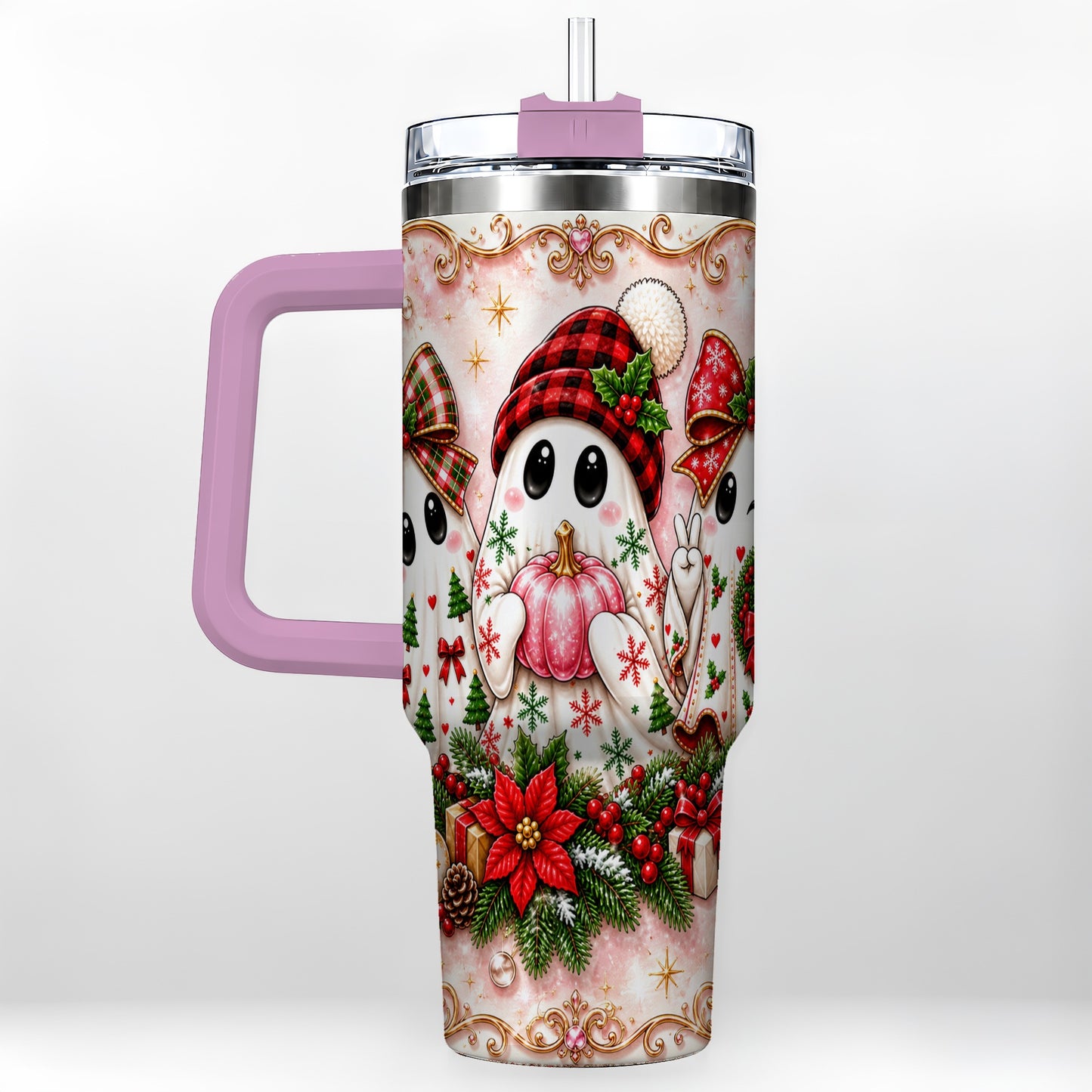 #pl[40oz|Pink] Pink Ghost 40oz Tumbler with Handle, Christmas Stainless Steel Travel Cup