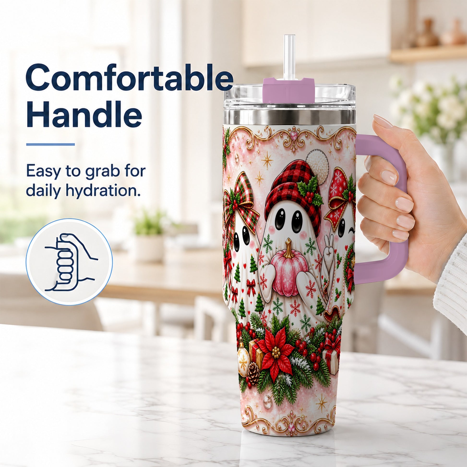 #pl[40oz|Pink] Pink Ghost 40oz Tumbler with Handle, Christmas Stainless Steel Travel Cup