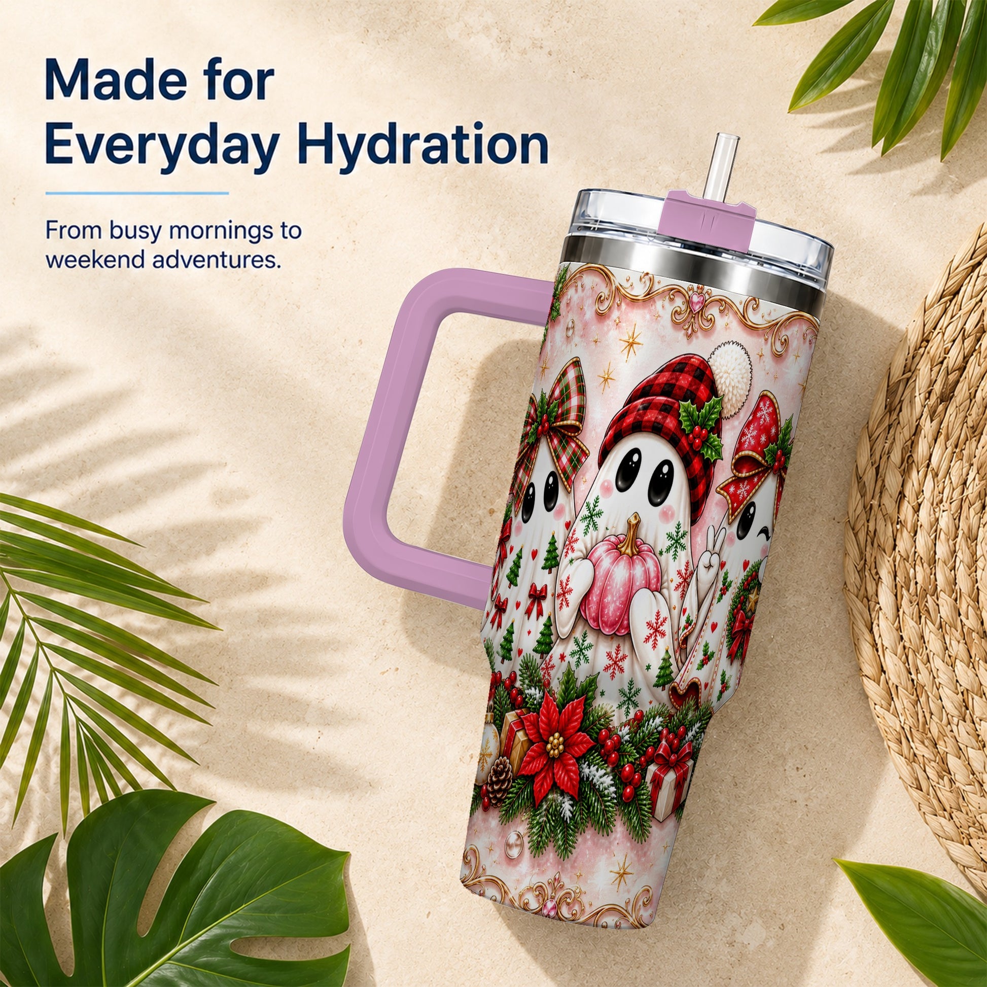 #pl[40oz|Pink] Pink Ghost 40oz Tumbler with Handle, Christmas Stainless Steel Travel Cup