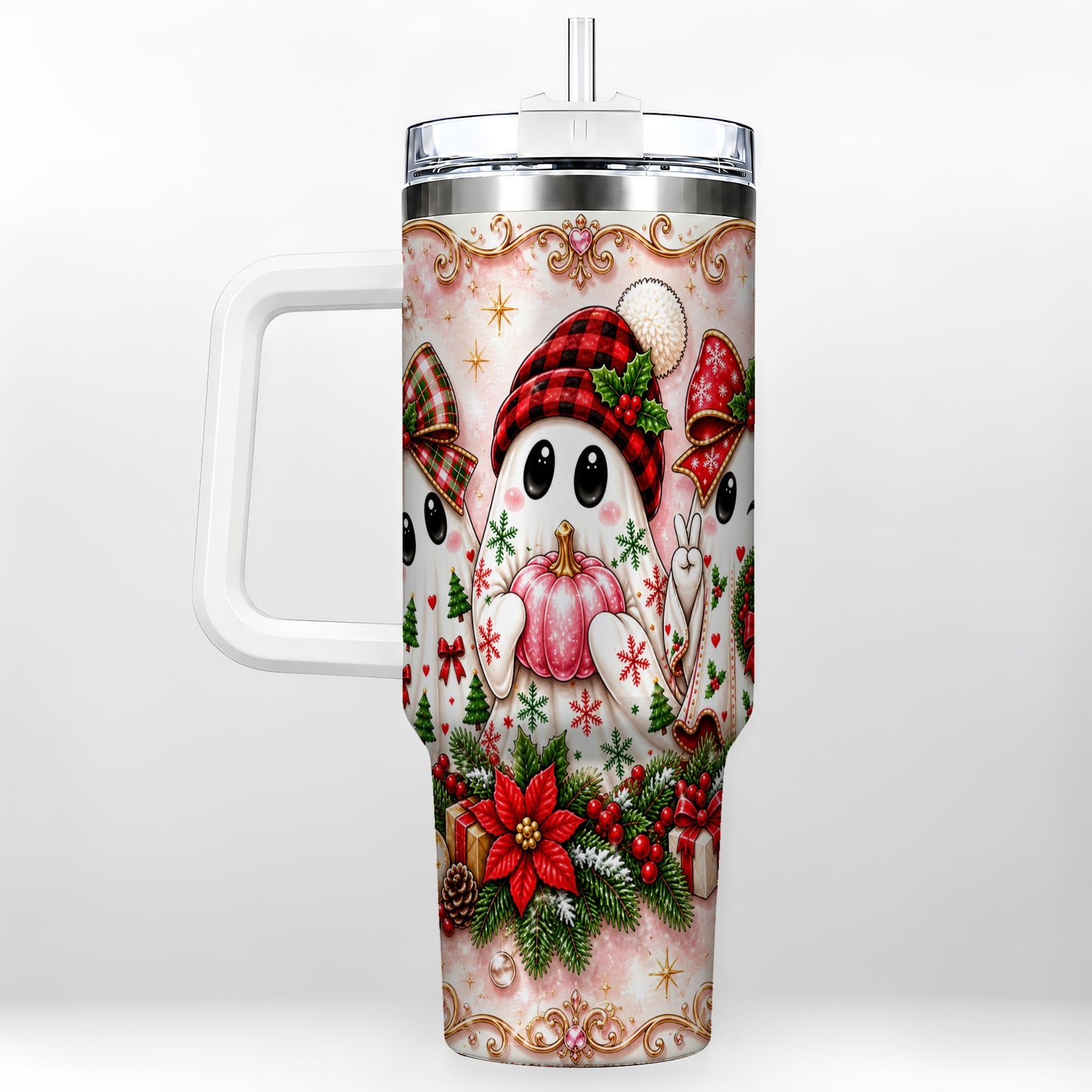 #pl[40oz|White] Pink Ghost 40oz Tumbler with Handle, Christmas Stainless Steel Travel Cup